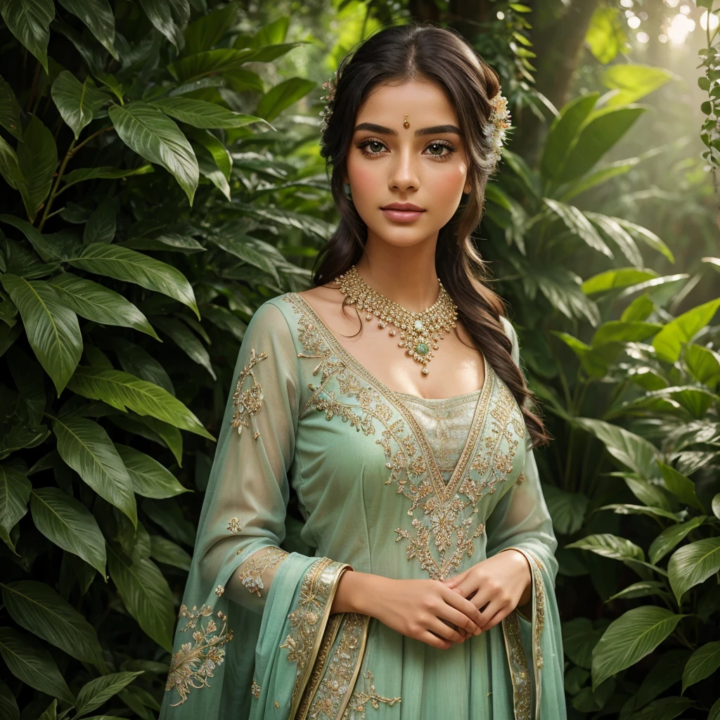 a beautiful young woman, beautiful detailed eyes, beautiful detailed lips, extremely detailed eyes and face, long eyelashes, delicate facial features, ethereal beauty, serene expression, wearing a traditional indian dress, intricate floral patterns, shimmering fabrics, sunlight filtering through trees, lush green foliage, tranquil garden setting, soft warm lighting, cinematic composition, detailed rendering, photorealistic, 8k, high quality