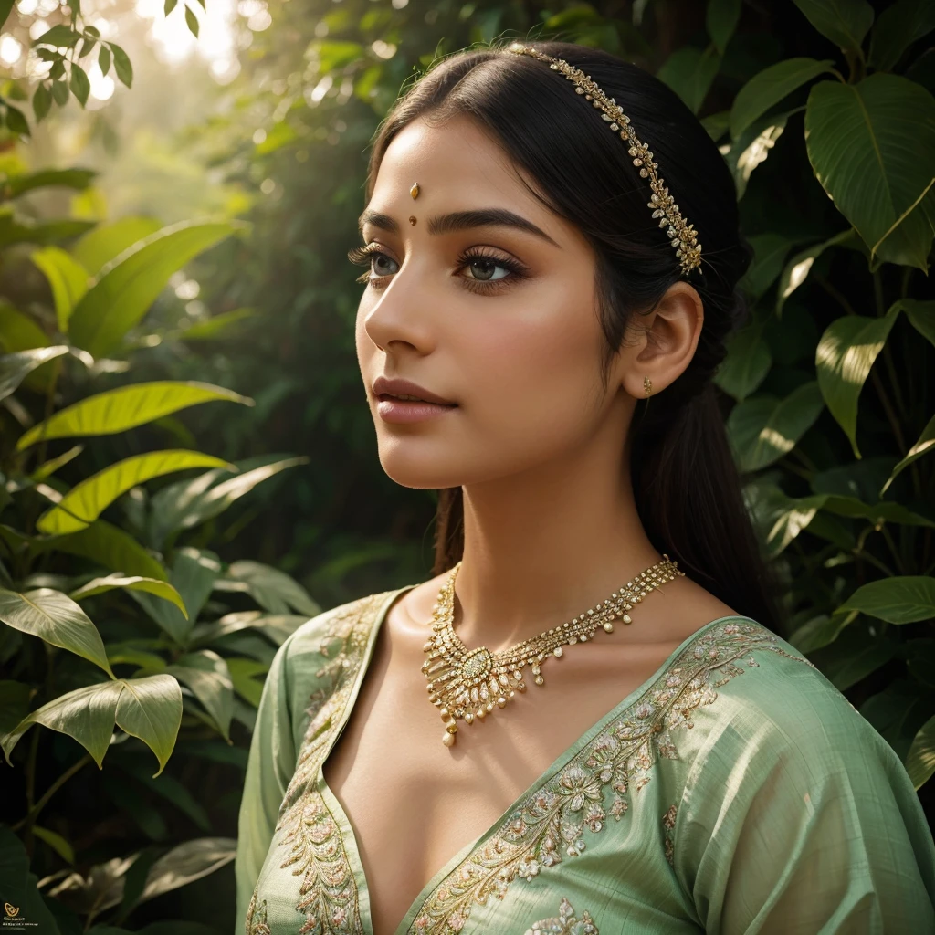 a beautiful young woman, beautiful detailed eyes, beautiful detailed lips, extremely detailed eyes and face, long eyelashes, delicate facial features, ethereal beauty, serene expression, wearing a traditional indian dress, intricate floral patterns, shimmering fabrics, sunlight filtering through trees, lush green foliage, tranquil garden setting, soft warm lighting, cinematic composition, detailed rendering, photorealistic, 8k, high quality