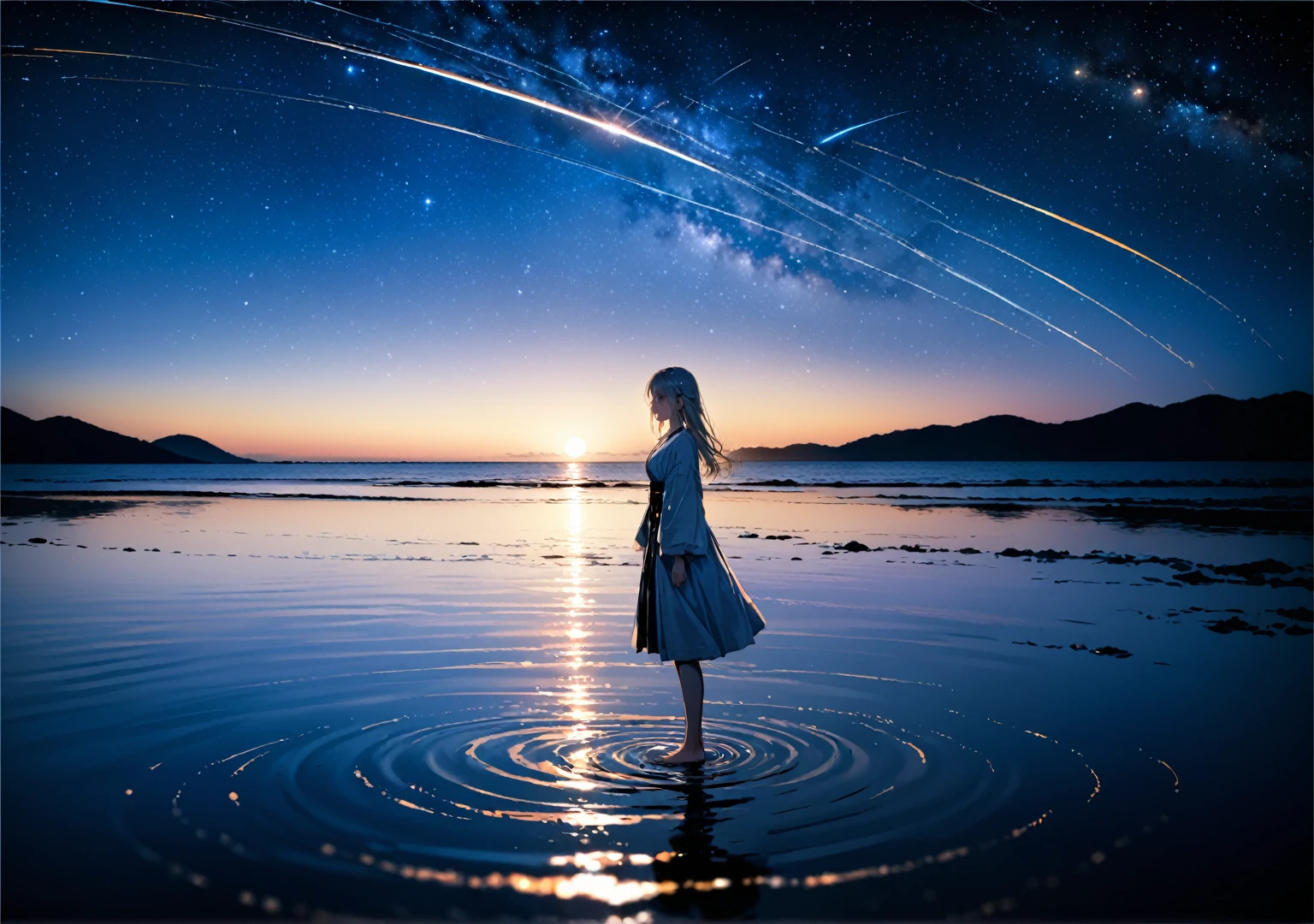 (close:1.4)、(Original photo:1.2)、(Realistic:1.4)、(masterpiece:1.3)、(Highest quality:1.4)、Japanese Girls、(Night view:1.2)、Light clothing、pretty girl、Step into the sea、Standing on tiptoes、landscape、Between the horizon and the sea、Side view、Ripples spread from my toes、Stand about 20 meters apart、On the Sea、the whole scene is shining、Gray Hair、Starry Sky