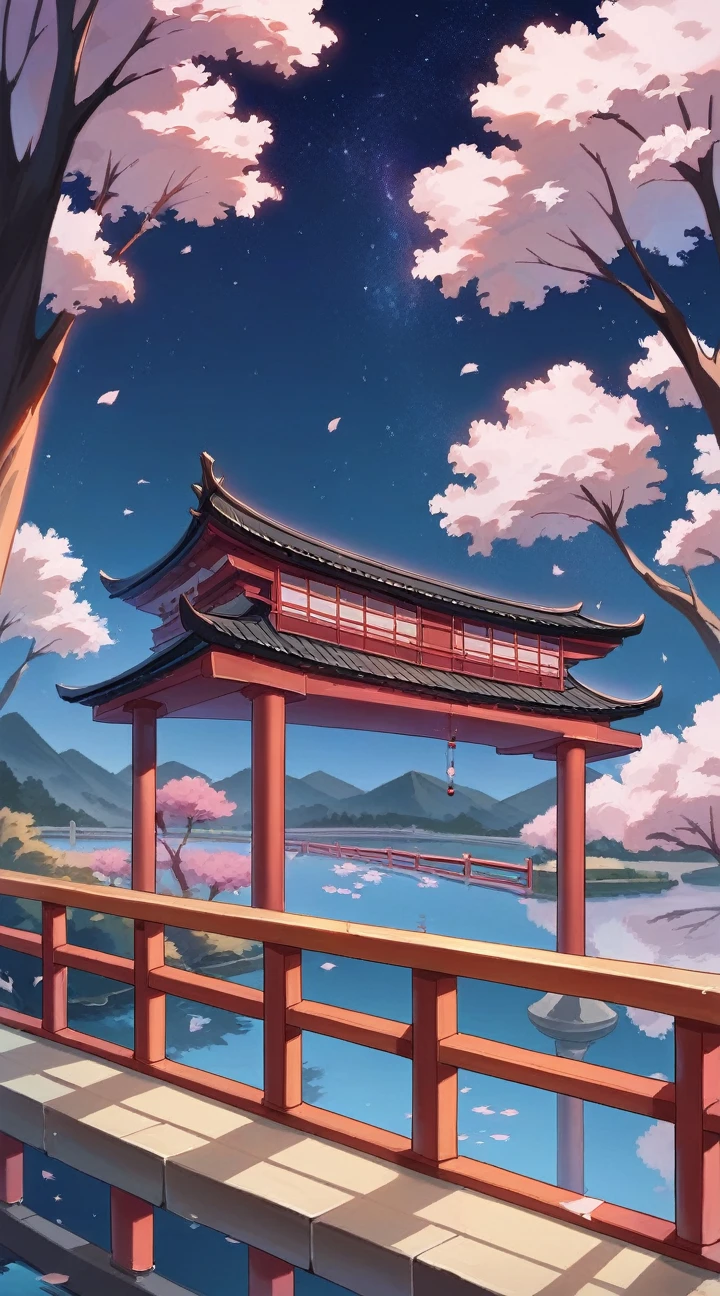 (masterpiece, best quality:1.2), (\sai bo gu feng\), landscape, no humans, tree, Sky, night, Star \(Sky\), Outdoor sports, architecture, night Sky, east asian architecture, reflection, Starry Sky, building, water, bridge, Cherry blossoms, railing, 
