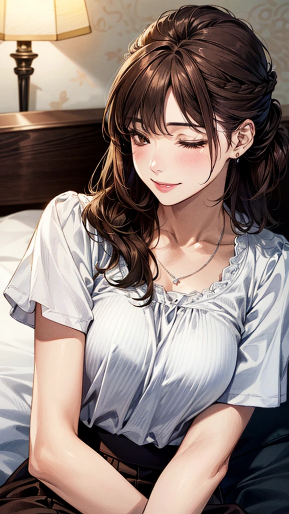 (masterpiece:1.3, Highest quality, Ultra-high resolution, Very detailed), (Realistic, photoRealistic:1.4), Beautiful illustrations, Perfect lighting, colorful, Written boundary depth,
Beautiful detailsまでこだわった髪, Beautifully detailed face, Beautiful details, Beautiful clavicle, Beautiful body, Beautiful big breasts, Beautiful thighs, Beautiful legs, Beautiful fingers,
Show Viewer、Front view:0.6, beauty1人, Japanese, beauty、30 years old, Perfect Face, (Perfect Anatomy, Anatomically correct), Cute and symmetrical face, Baby Face, , Shiny skin,
(White short sleeve blouse:1.4)、(Long Flared Skirt:1.4)、
(Dark brown hair, Updo Hair:1.4), Dark brown eyes, The body is slim,
necklace、
(Beautiful views), (night), (Hotel room),(bed),((Are sleeping:1.4))、 優しいsmile、(smile, Lips parted),