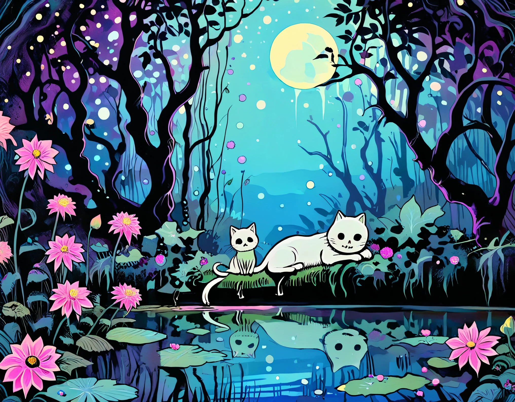 Create a vivid, intricately detailed, dark-whimisical, digital illustration with pop-surrealist elements depicting a completely (((Skeletal cat:1.5))) in enchanted nocturnal forest. Small waterfall flows into a (reflective pond in the foreground:1.3) as skeleton kitty ((sits on bank of pond:1.5)) and looks at ((reflection in water:1.3)). (Vibrant pastel color palette:1.3) with purples, pinks, and teals. ((Giant glowing full moon:1.2)) and sparkling stars illuminating the sky. Bare trees frame the composition. (Lush pink and black dahlias:1.4) surround skeleton kitty. Ethereal ((glowing particles:1.2)) float throughout.  Atmosphere evokes beautiful melancholy and magical realism. Theme: juxtaposition of life and death, nature's cycle. (Masterful use of lighting and color contrast:1.4) to create depth and otherworldly ambiance. Render with smooth gradients and ((intricate bone details:1.4)). 
