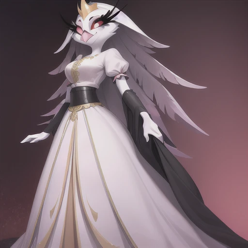 (best quality, masterpiece:1), furry female anthro stella, owl, portrait, white dress, black belt, pink beak,  standing, gold crown, long skirt, white cape, cloak, looking to the side, closed mouth, smile, wide-eyed, white pupils, white gloves,