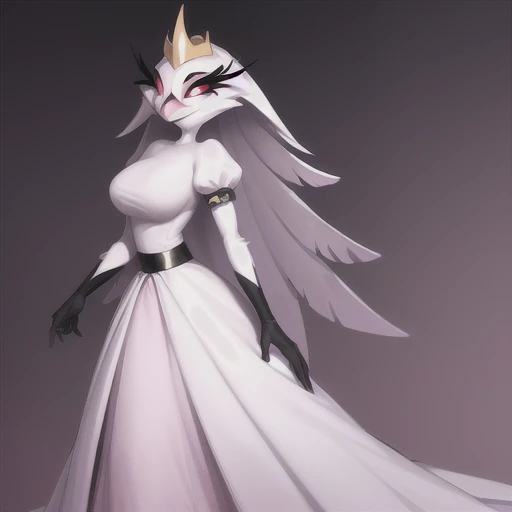 (best quality, masterpiece:1), furry female anthro stella, owl, portrait, white dress, black belt, pink beak,  standing, gold crown, long skirt, white cape, cloak, looking to the side, closed mouth, smile, wide-eyed, white pupils, white gloves,