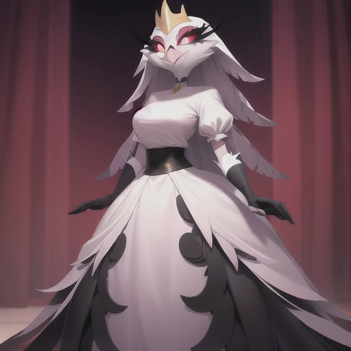 (best quality, masterpiece:1), furry female anthro stella, owl, portrait, white dress, black belt, pink beak,  standing, gold crown, long skirt, white cape, cloak, looking to the side, closed mouth, smile, wide-eyed, white pupils, white gloves,