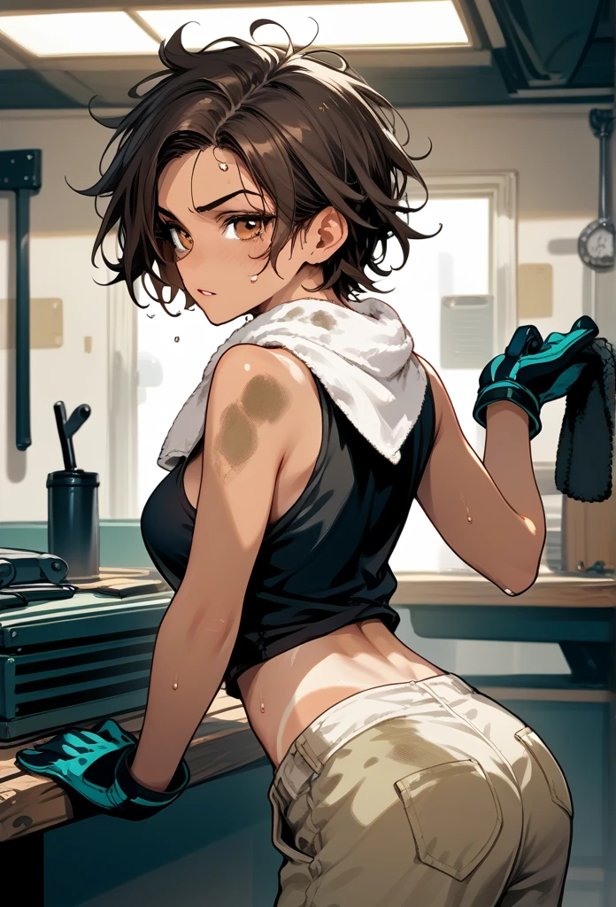 masterpiece, best quality, mature woman, messy hair, black hair, brunette gradient hair color, hot face, (tomboy face), tan skin, mature body, fit body, medium breasts, mechanic gloves, (dirty tank top), stained tank top, midriff, white bandana, loose pants, workshop, (sweaty), bending over, towel around neck, back view (please show lower half of the bare body) 