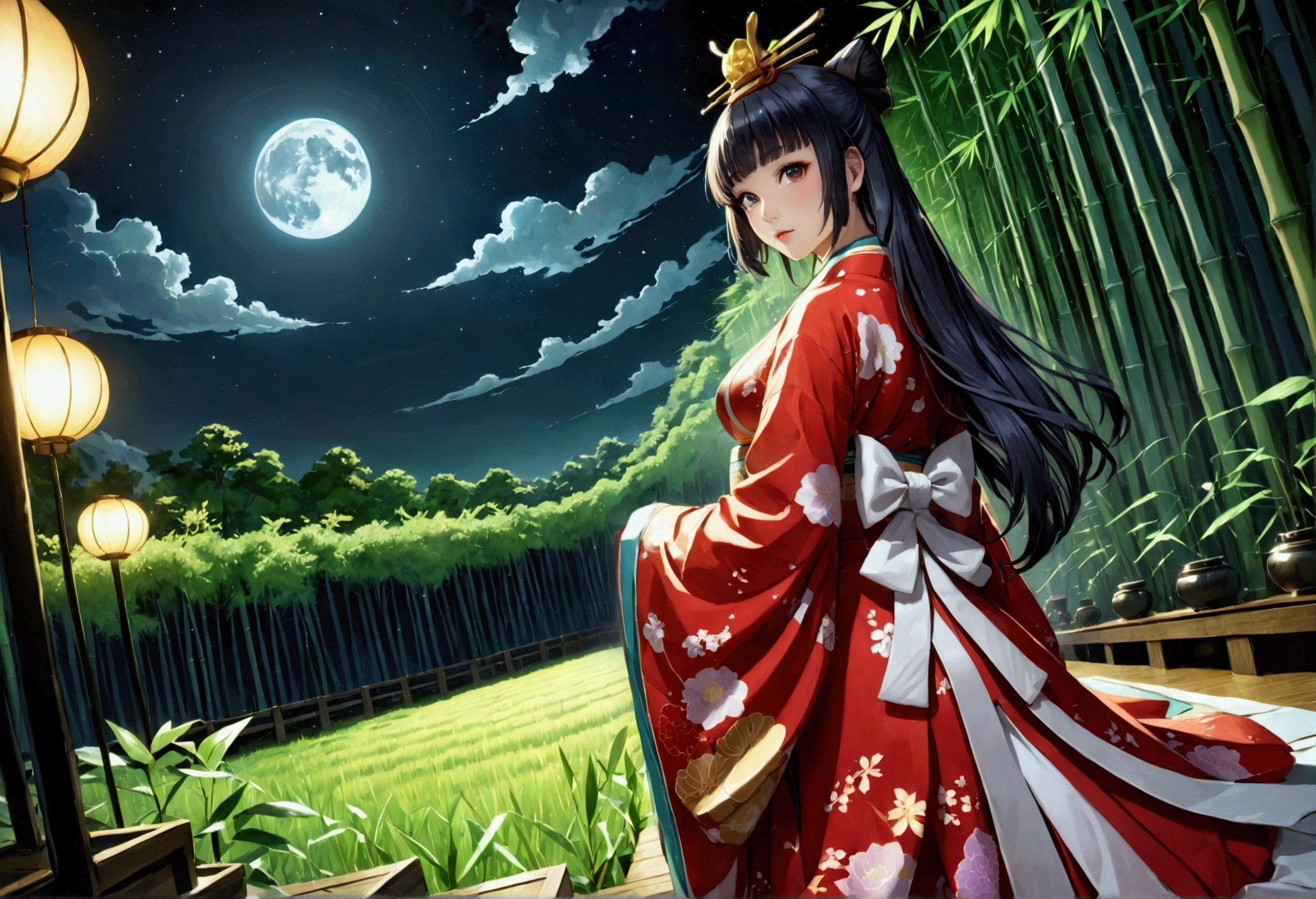 Fashion Model, walk the runway, The World of Kaguyahime, hinamatsuri ohinasama, (heian red:1.1) japanese clothes, wide sleeves, red (karaginumo:1.1), layered kimono, 1girl, solo, black hair (hime cut:1.2) very long hair spread out, wide shot, cinematic lighting, photorealistic, best quality, high quality, ultra high res, hyper detailed, absurdres, absolutely resolution, detailed details, cinematic landscape, cinematic lighting, (ultra wide angle:1.3), moonlight, starry sky, (bamboo thicket:1.1), (back view, standing), beautifully, aesthetic,