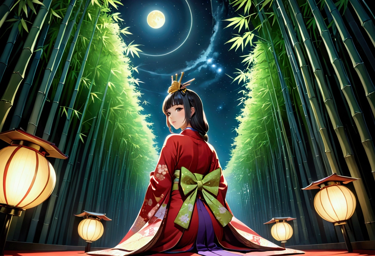 Fashion Model, walk the runway, The World of Kaguyahime, hinamatsuri ohinasama, (heian red:1.1) japanese clothes, wide sleeves, red (karaginumo:1.1), layered kimono, 1girl, solo, black hair (hime cut:1.2) very long hair spread out, wide shot, cinematic lighting, photorealistic, best quality, high quality, ultra high res, hyper detailed, absurdres, absolutely resolution, detailed details, cinematic landscape, cinematic lighting, (ultra wide angle:1.3), moonlight, starry sky, (bamboo thicket:1.1), (back view, standing), beautifully, aesthetic,