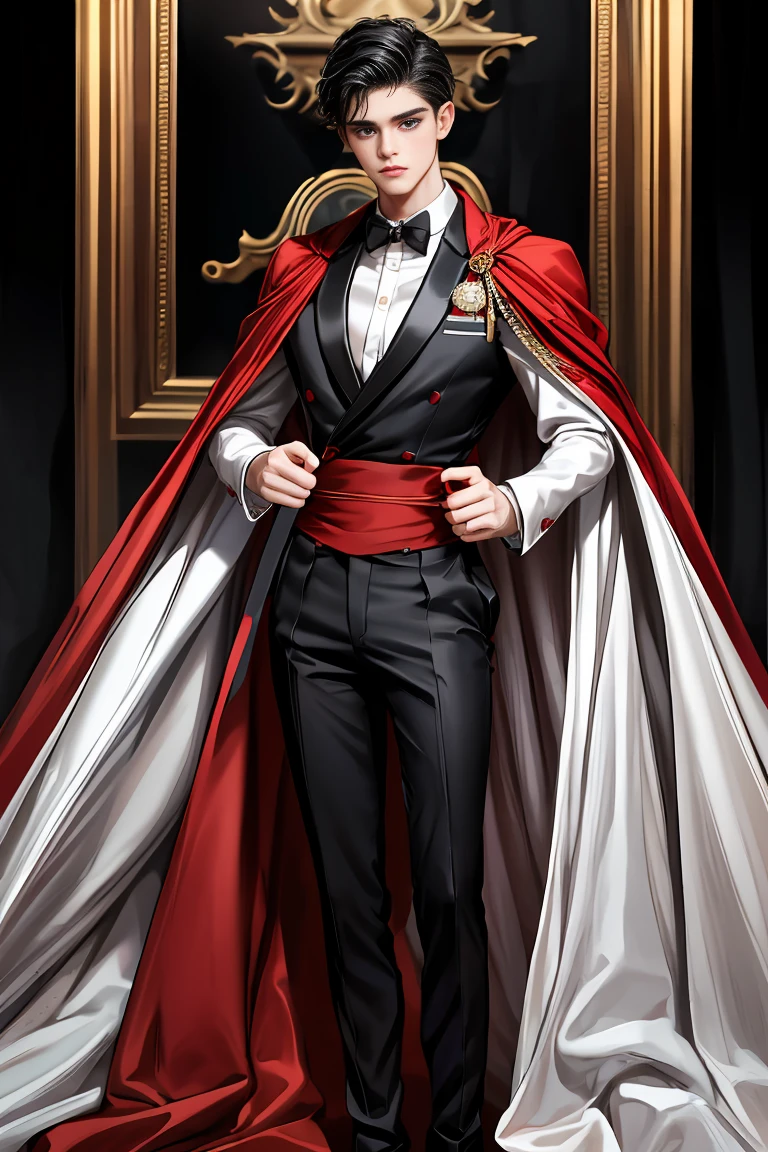 masterpiece, 最high quality, high quality, 1 boy, alone, Male focus, Watching the audience, Messy black hair, Adorable big blue eyes, White, Noble, Noble,A black and red cape that is bursting with sexy volume、Tuxedo、A very voluminous, large, very large, very large, long, long red and black cape with a high stand-up collar, made of a lot of fabric that reaches down to the floor., ,Cute beautiful boys,Cute, cute, kind, handsome guy