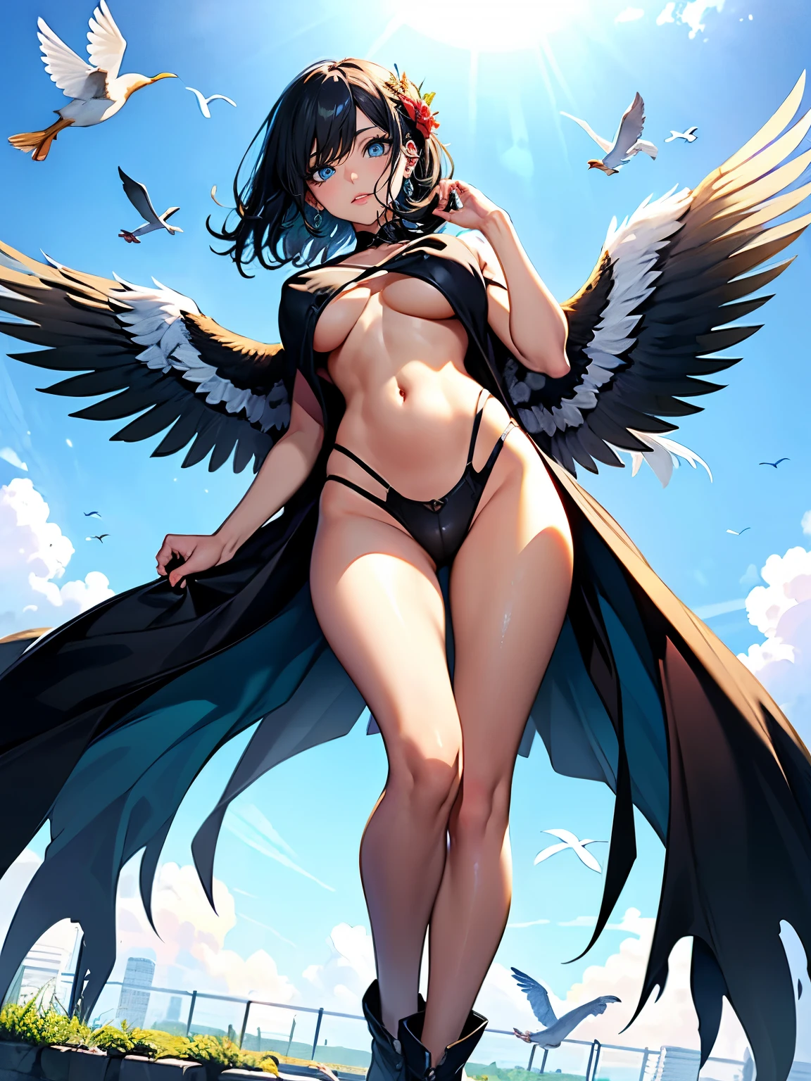 ((Seductive lady:1.3, solo:1.5))、((fusion of bird and lady:1.4))、((Winged:1.2))、((dynamic angle:1.2))、((Flying in the sky;1.3))、((blue sky:1.2))、((full body))、looking down at viewer、((underboob:1.3))、((collarbone))、((Glossy realistic skin texture))、((shiny skin))、masterpiece, ultra-detailliert, 8k, hiquality, Top image quality, Smooth texture、watercolor、arched back、arms behind body、