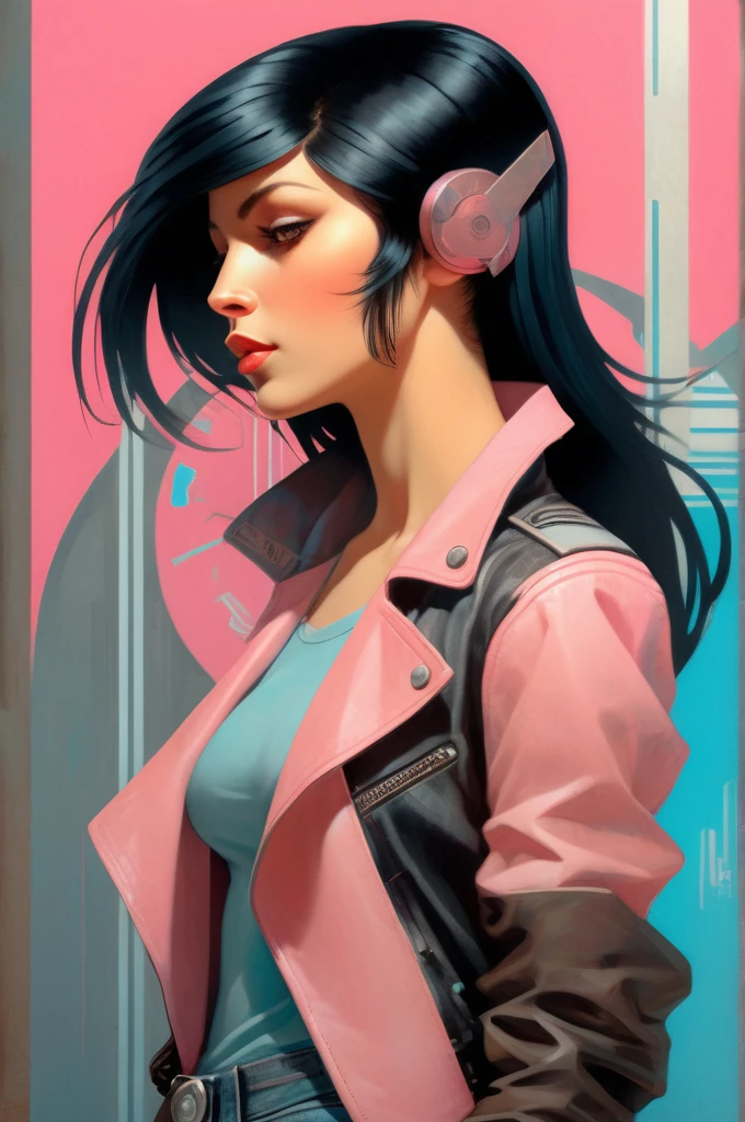 Alphonse Mucha Style - A mysteriously beguiling cyberpunk woman, her smooth black hair falls in a sleek cascade framing striking brown eyes, accentuated by a set of bold bangs. Clad in a stylish leather jacket over a vibrant pink t-shirt and light blue denim jeans, she exudes an air of retro-futuristic coolness. The 80's cyberpunk background serves as a perfect complement to her edgy aesthetic. This captivating portrait, whether a painting or photograph, is rich in detail, capturing every nuance of her enigmatic allure with extraordinary precision and artistry.
