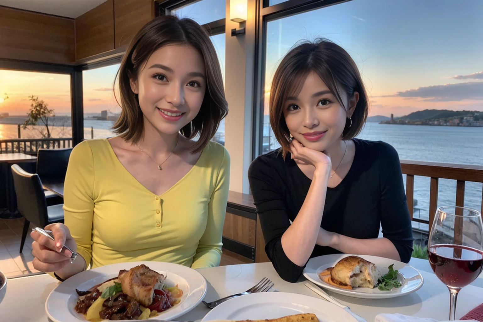（Realistic:1.1）,(masterpiece,Highest quality)，8k,(44 years old), 47 years old, slimカップル、Model Couple、Actress/Actor、Tight waist,Upper Body,full-course dinner、wine 、Amazing view of the sunset sky and clouds、Perfect Anatomy, Brown Hair, short hair,Random Hairstyles,((Highly detailed face and eyes:1.2))(cute顔:1.4)，Beautiful actress face，Perfect golden ratio face，Long sleeve shirt、dress,(smile:1.2)、Shortcuts、cute、(Realistic, Intricate details:1.2), A bright smile、short hair,Bright Face、赤wine 、Appetizers、Italian food、wine bottle、Champagne、スパークリングwine、(slimな顔), (The body is slim), (Brown Hair), (Shortcuts),  Upper Body, 白wine, slim, wineグラス, 