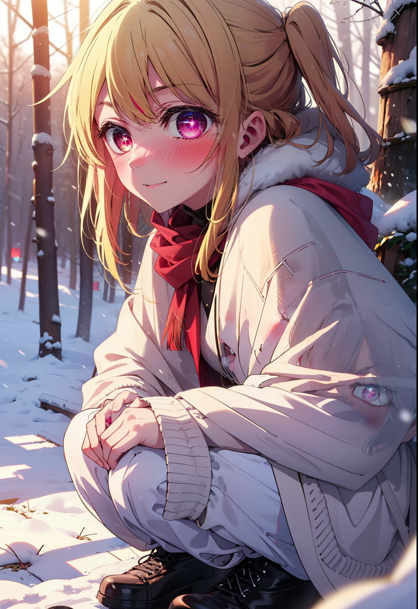 rubyhoshino, Hoshino Ruby, Long Hair, bangs, blonde, (Pink Eyes:1.3), Side Lock, (Symbol-shaped pupil:1.5), Multicolored Hair, Two-tone hair, smile,,smile,blush,white breath,
Open your mouth,snow,Ground bonfire, Outdoor, boots, snowing, From the side, wood, suitcase, Cape, Blurred, , forest, White handbag, nature,  Squat, Mouth closed, Cape, winter, Written boundary depth, Black shoes, red Cape break looking at viewer, Upper Body, whole body, break Outdoor, forest, nature, break (masterpiece:1.2), Highest quality, High resolution, unity 8k wallpaper, (shape:0.8), (Beautiful and beautiful eyes:1.6), Highly detailed face, Perfect lighting, Extremely detailed CG, (Perfect hands, Perfect Anatomy),