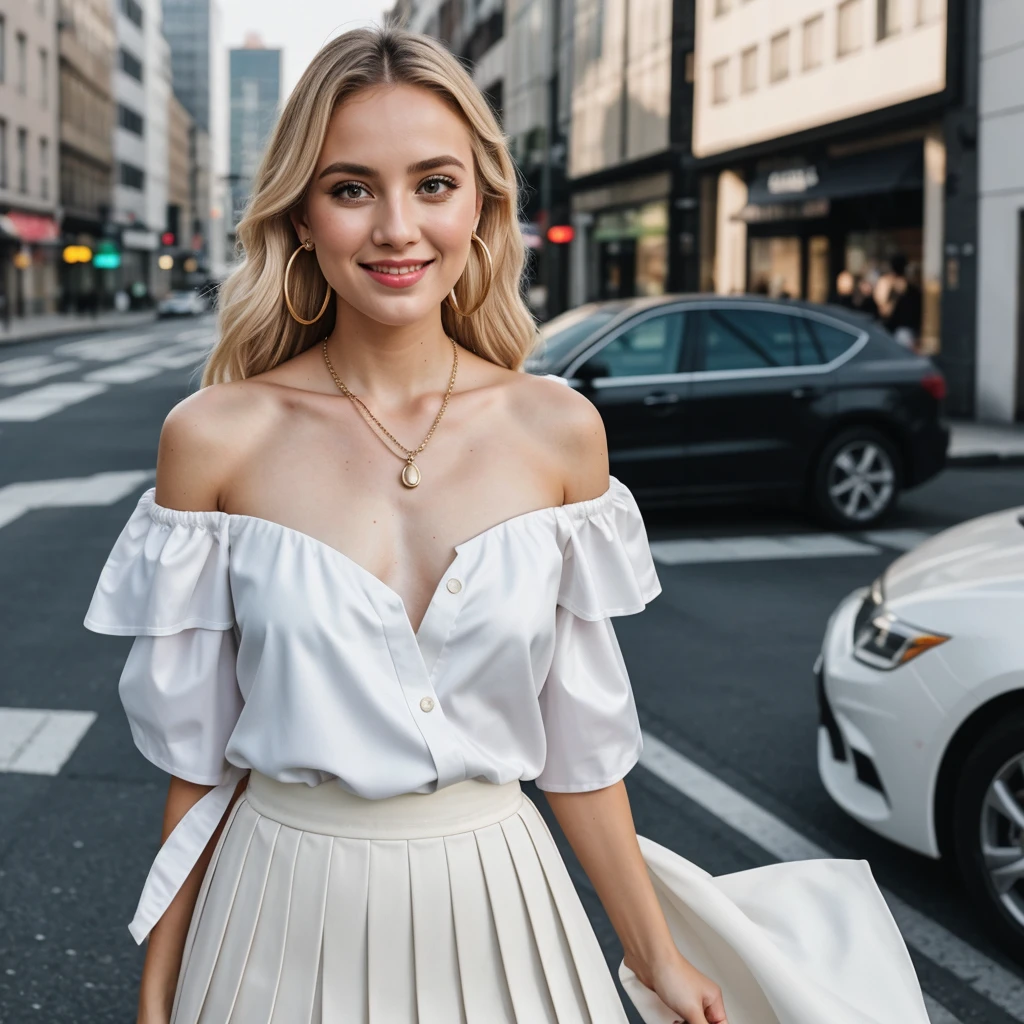 photo of (EPB3b4h4n-380:0.99), a woman, perfect blonde hair, posing, (selfie photo, Oversized white collared shirt worn off-the-shoulder, tucked into a pleated satin flared skirt with slingback pumps.), (Unexpected proposal  in background:1.2),(closeup portrait), necklace, hoop earrings, 24mm, (Instagram Smartphone Filters), (cinematic, film grain:1.3), ((brilliant colour, gradient)), ((detailed eyes)), smiling, (epicPhoto)