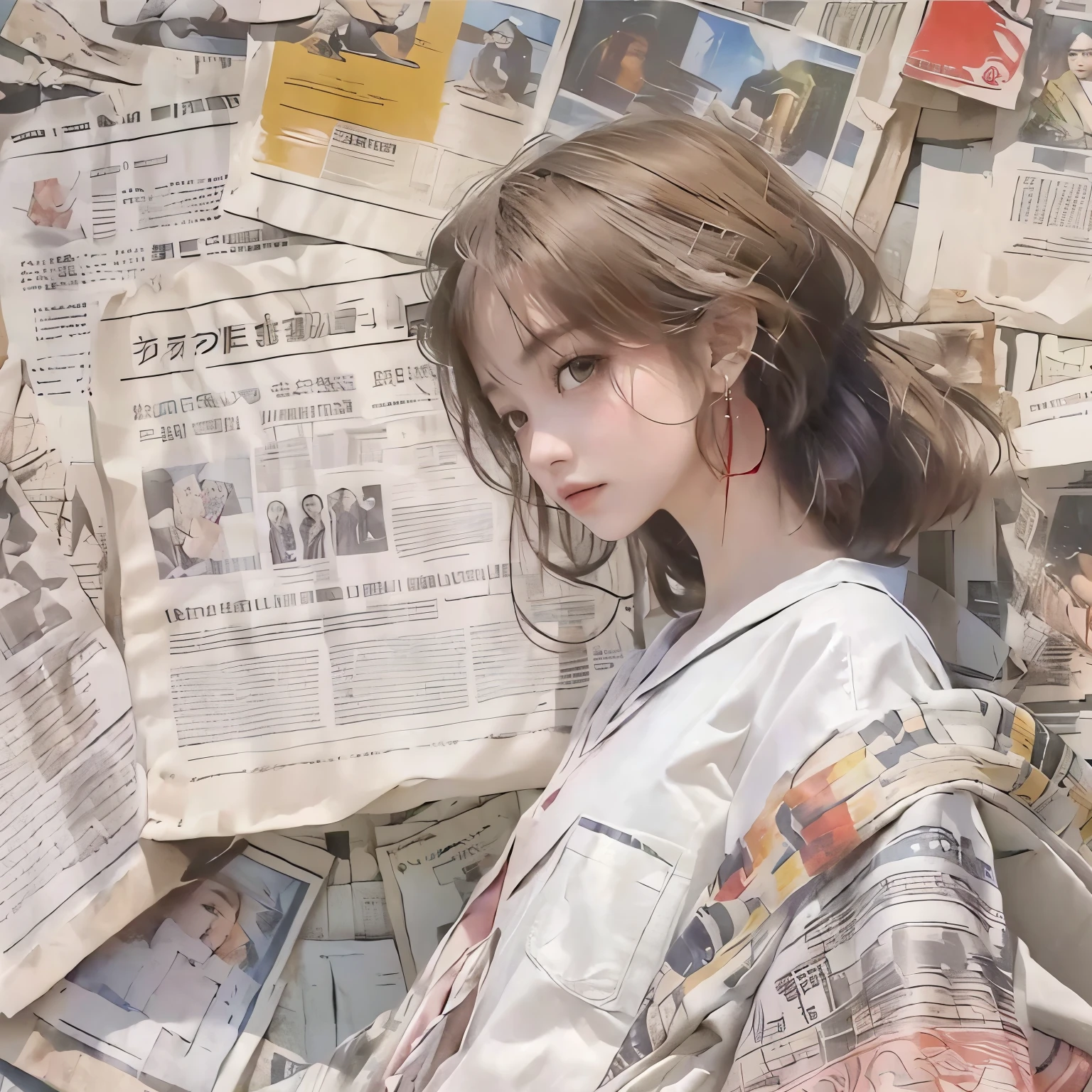 arafed image of a woman standing in front of a wall of newspapers, newspaper style, Pale kimono, magazine collage style, newspaper collage, Sakimichan, newspaper photography, newspaper, inspiration来自程彦军, inspiration, Japanese magazine collage, Record cover, author：Emma Andijewska, post modernist layering, damaged japanese clothes