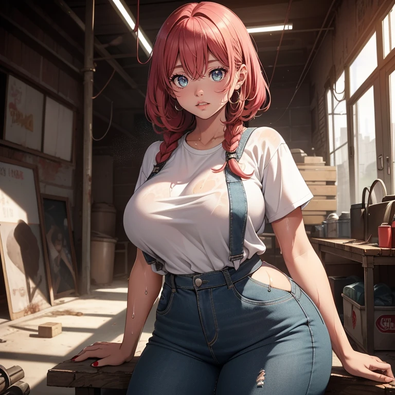 (masterpiece:1.2, Highest quality),最大16K解像度のmasterpiece, Dynamic 3D Cyberpunk Fusion Realistic Style. | Beautiful mature 20 year old woman, Wearing a white T-shirt, Jess Overalls Long Pants, With front pocket. ((The clothes fit snugly to the body、Covered in oil and drenched in sweat, Accentuates voluptuous curves and toned muscles):1.3). She has long pink hair in a single braid., long bangs over the right eye, and、Multi-coloured headphones that add a modern and edgy touch to her look. Her green eyes are looking seductively straight into the camera, Her sensual smile、Showing off her bright white teeth and dark red lipstick。. ((Her face is greasy and dripping with sweat.):1.3), Give your scenes a realistic and authentic touch. | The scene takes place in an old auto repair shop., Very dirty place with graffiti on the walls and floors. In the center of the scene is a worn out, rusty car., Car tires are piled up all around. A bench full of motors and tools sits in the corner., Metal structures and cables hanging from the ceiling、shortage々It creates a nice atmosphere。, industrial atmosphere. The light coming through the dirty window creates dramatic shadows.、Enhances the details of structures and objects in a scene。. | Three-dimensional construction with low viewing angle, Hall of the Devil&#39;s Woman々Emphasize the appearance. Forced perspective emphasizes the depth of a scene.、Creates a dynamic effect, Dramatic lighting creates an atmosphere of mystery and suspense. | Cyberpunk scene of a woman in a vintage car body shop with a sensual look. | The camera revealing a whole body_image as she assumes a sensual pose, Interact with structures in your scene in exciting ways.、Lean on. | (((She interacts while taking sensual poses, Boldly relying on structure, Lean back in an exciting way.))), (((((whole body_image))))),