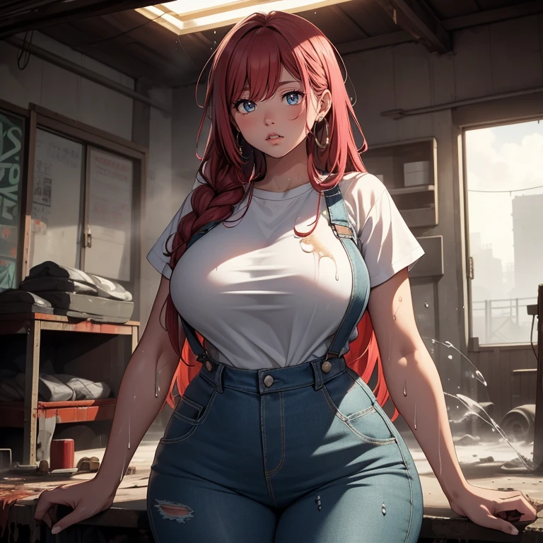 (masterpiece:1.2, Highest quality),最大16K解像度のmasterpiece, Dynamic 3D Cyberpunk Fusion Realistic Style. | Beautiful mature 20 year old woman, Wearing a white T-shirt, Jess Overalls Long Pants, With front pocket. ((The clothes fit snugly to the body、Covered in oil and drenched in sweat, Accentuates voluptuous curves and toned muscles):1.3). She has long pink hair in a single braid., long bangs over the right eye, and、Multi-coloured headphones that add a modern and edgy touch to her look. Her green eyes are looking seductively straight into the camera, Her sensual smile、Showing off her bright white teeth and dark red lipstick。. ((Her face is greasy and dripping with sweat.):1.3), Give your scenes a realistic and authentic touch. | The scene takes place in an old auto repair shop., Very dirty place with graffiti on the walls and floors. In the center of the scene is a worn out, rusty car., Car tires are piled up all around. A bench full of motors and tools sits in the corner., Metal structures and cables hanging from the ceiling、shortage々It creates a nice atmosphere。, industrial atmosphere. The light coming through the dirty window creates dramatic shadows.、Enhances the details of structures and objects in a scene。. | Three-dimensional construction with low viewing angle, Hall of the Devil&#39;s Woman々Emphasize the appearance. Forced perspective emphasizes the depth of a scene.、Creates a dynamic effect, Dramatic lighting creates an atmosphere of mystery and suspense. | Cyberpunk scene of a woman in a vintage car body shop with a sensual look. | The camera revealing a whole body_image as she assumes a sensual pose, Interact with structures in your scene in exciting ways.、Lean on. | (((She interacts while taking sensual poses, Boldly relying on structure, Lean back in an exciting way.))), (((((whole body_image))))),