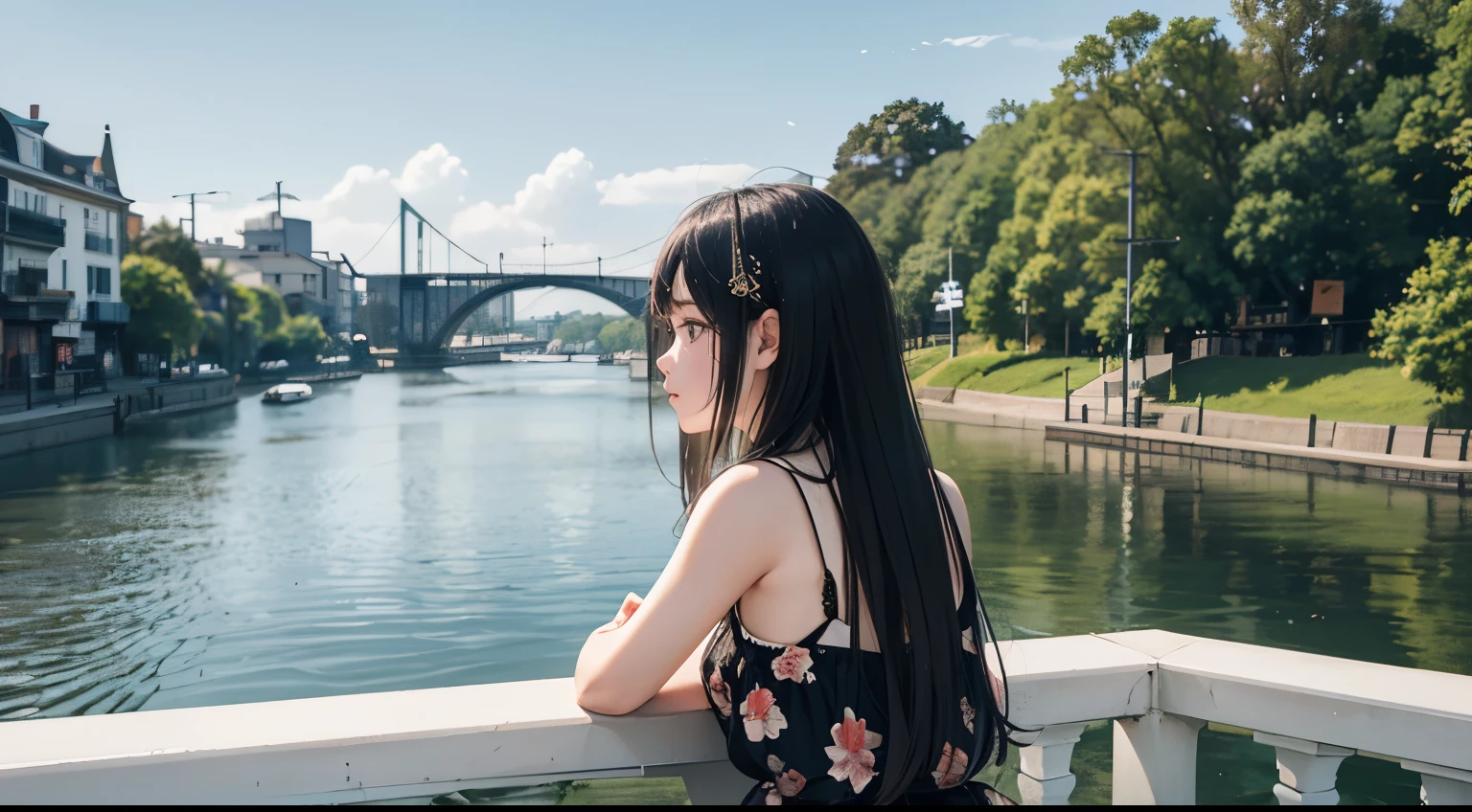 Riverside，A tram passes by on the other side of the river，A little girl，fit，Black long hair，Long floral dress，Sitting by the river，Back to the screen，Back to camera，Back，Overlooking，Vision，Scenery-based，daytime，Summer afternoon
