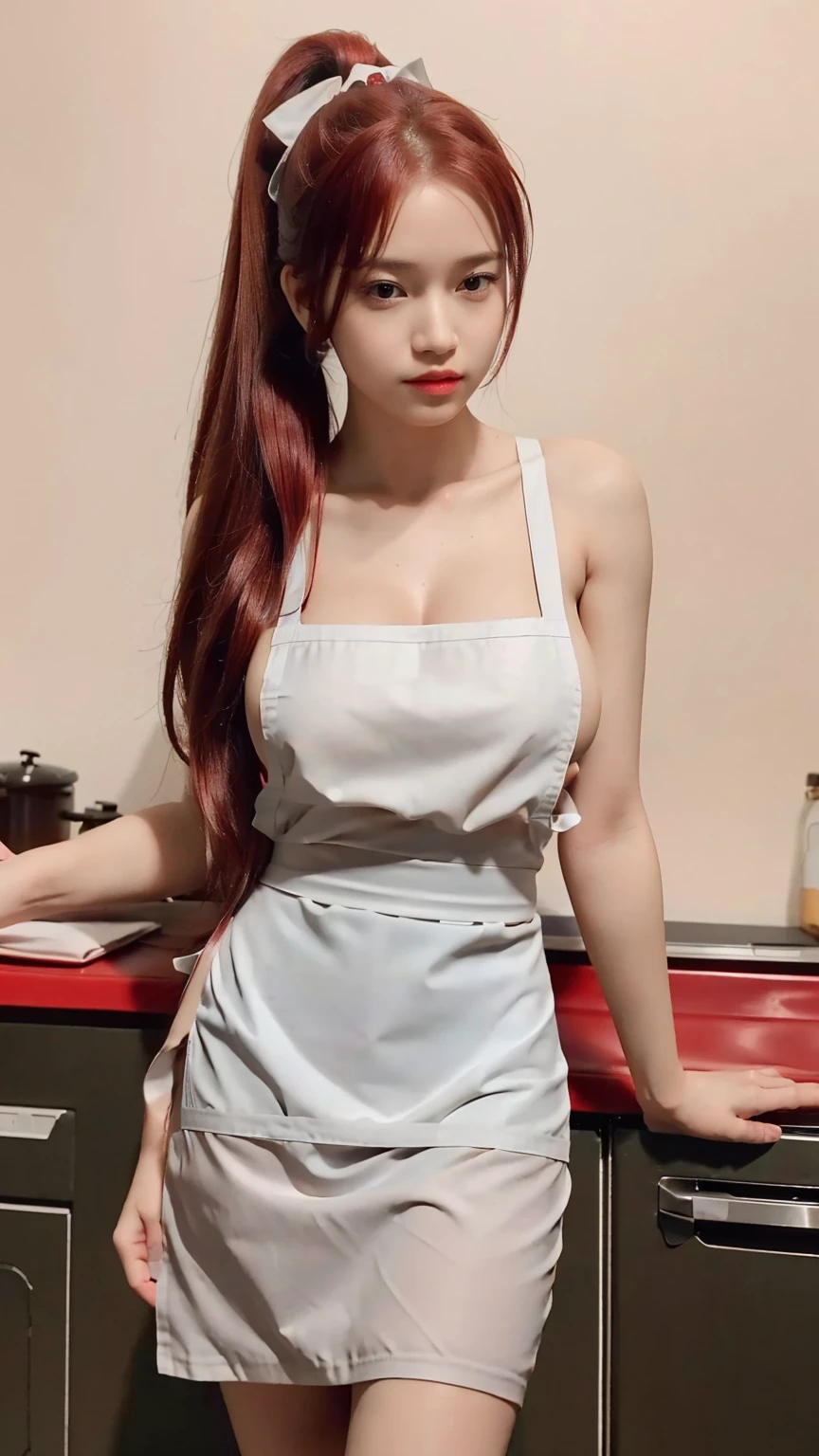 photorealistic, high resolution, 1women, mature female, solo, hips up, fairy tail, 1girl, long hair, red hair, ponytail, white ribbon, hair over one eye, brown eyes, large breasts, ((naked and using apron with sexy pose, kitchen background)),