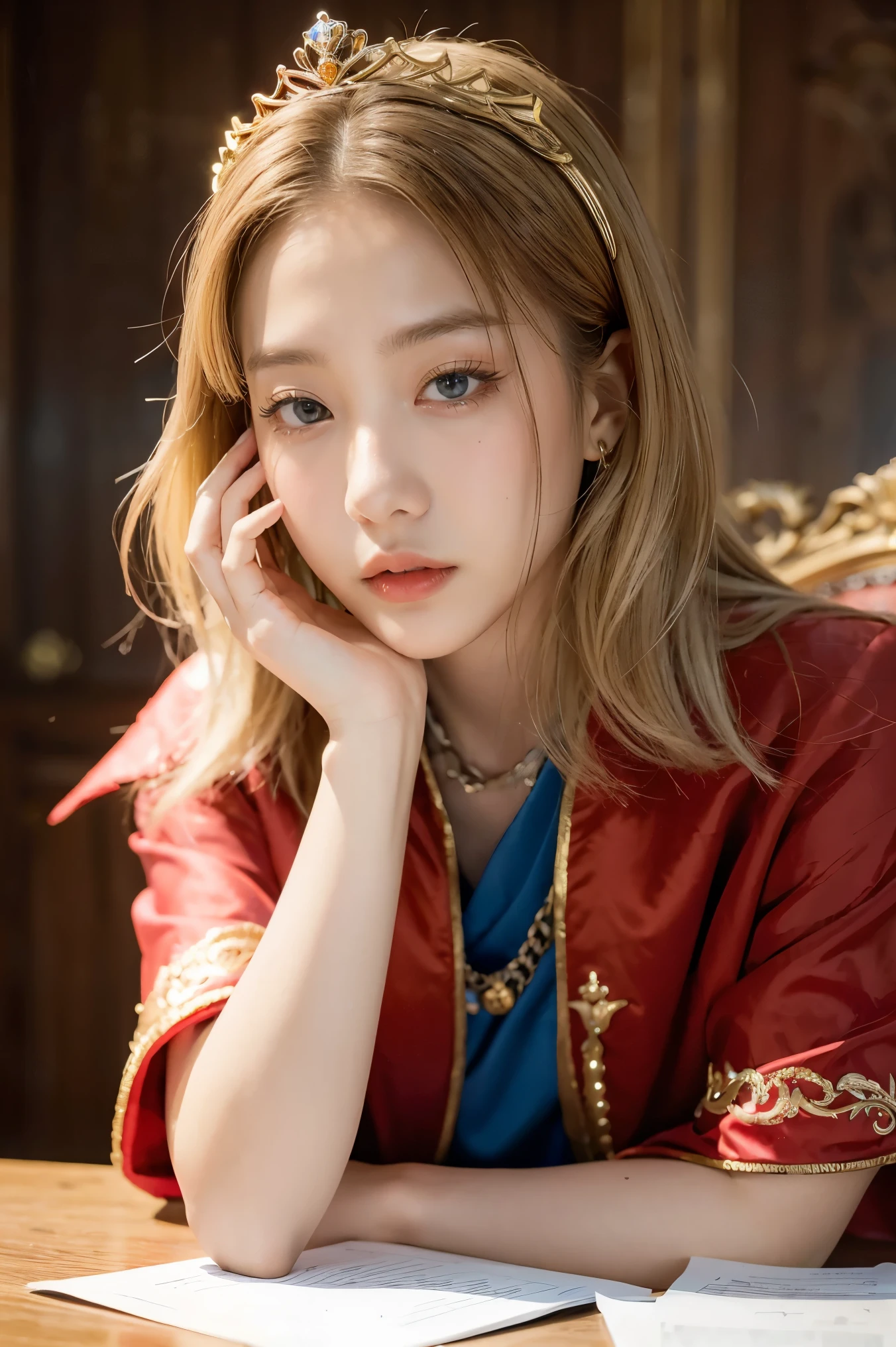 (Masterpiece: 1.2, Best Quality), Realistic, (Realistic Picture, Complex Details, Depth of Field), Best Quality, Masterpiece, Highly Detailed, Semi Realistic, 1 Girl, Mature Female, 21 Years Old, Blond Hair, Shoulder length Short Hair, Left Eye Covered with Hair, Blue Eyes, King's Clothes, Red Cloak, Slim Figure, Crown Made of Precious Gold, Reading Documents, Marking Documents, Goose Hair Pen, Office Table, Soft Bench, Palace, In the palace, during the Middle Ages