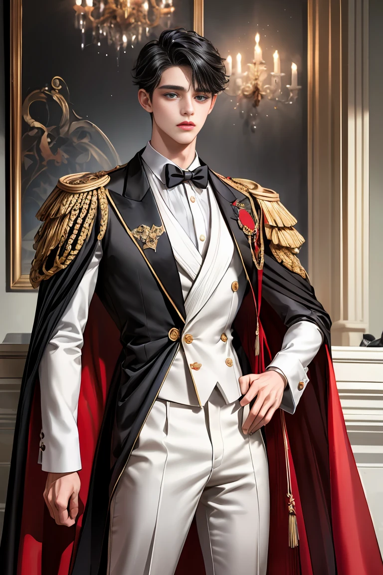 
masterpiece, 最high quality, high quality, 1 boy, alone, Male focus, Watching the audience,  Messy black hair, Adorable big blue eyes, White, Noble, Noble,A black and red cape that is bursting with sexy volume、Tuxedo、A very voluminous, large, very large, very large, long, long red and black cape with a high stand-up collar, made of a lot of fabric that reaches down to the floor., ,Cute beautiful boys,Cute, cute, kind, handsome guy