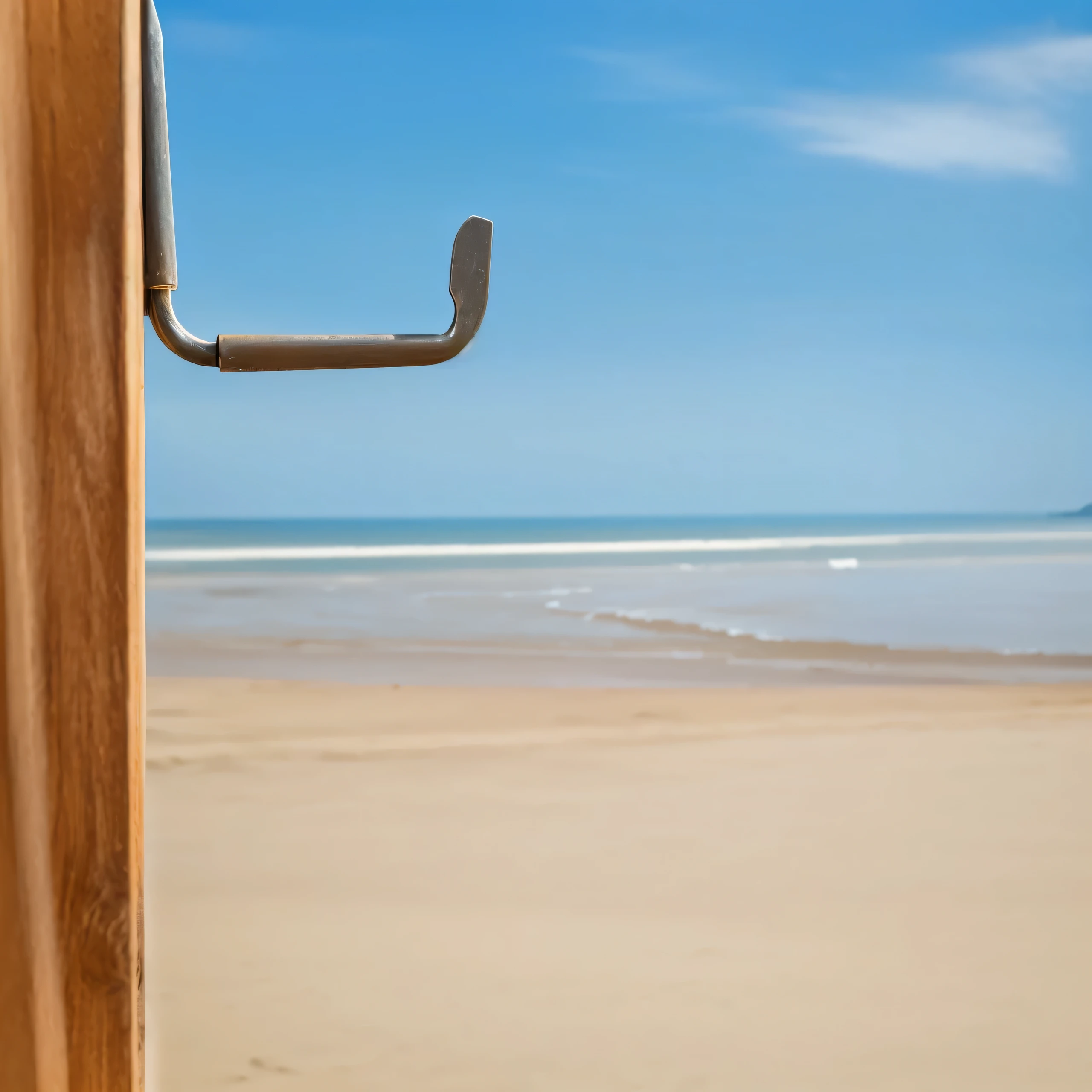 A wooden door with a handle on the beach, There is a window facing the sea, Omaha Beach, Sea view, Middle close-up composition, looking at the ocean, Artistic Interpretation, Standing near the beach, Sea view, looking at the ocean, Overlooking the beach, On the sunny beach, Beach environment, On the beach, In the seaside environment