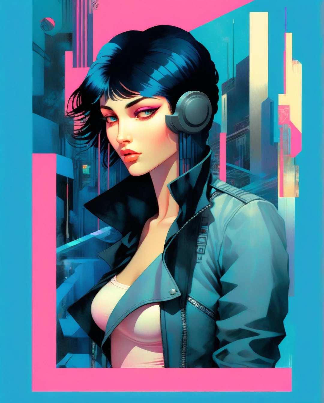 Alphonse Mucha Style - A mysteriously beguiling cyberpunk woman, her smooth black hair falls in a sleek cascade framing striking brown eyes, accentuated by a set of bold bangs. Clad in a stylish leather jacket over a vibrant pink t-shirt and light blue denim jeans, she exudes an air of retro-futuristic coolness. The 80's cyberpunk background serves as a perfect complement to her edgy aesthetic. This captivating portrait, whether a painting or photograph, is rich in detail, capturing every nuance of her enigmatic allure with extraordinary precision and artistry.