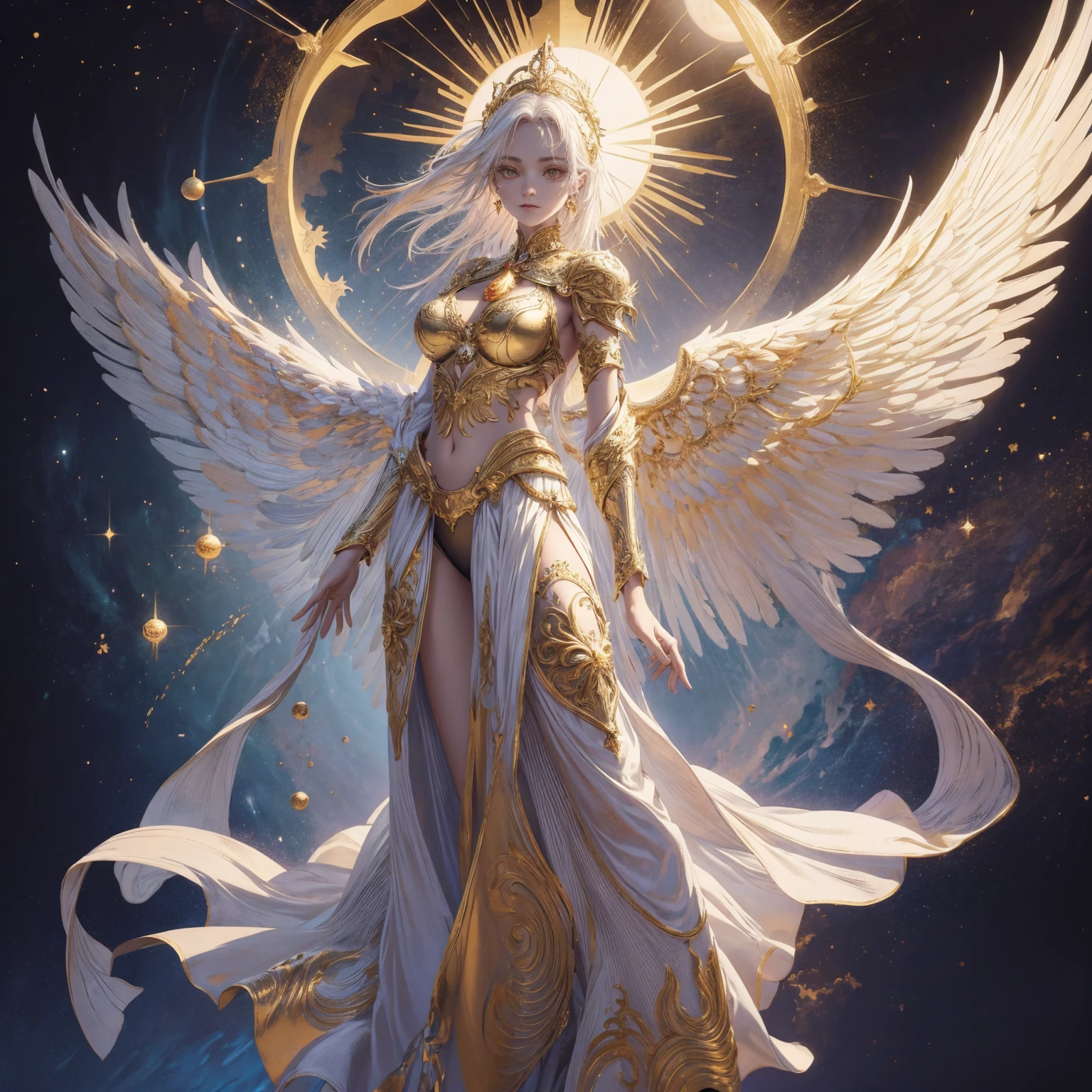 Art of Woman Wearing Sun Crown, Wearing a gorgeous golden metal bra and breastplate that reveals a little skin above the chest, Wearing a gorgeous golden dress with cosmic stars inside, A pair of giant angel wings taller than the body spread out behind the woman., ancient goddess art, Sacredness. Very detailed, Mysterious inspiration, Inspiration from the Sun God, Religious inspiration, A divine background, Cold and snobbish face, Dangerous expressions, White hair, Standing pose floating in the air, One hand reaches out to the sky while the other hand holds a brilliant orb as bright as the sun., Full body portrait, Gothic art style, Weird art style, Occult art, Halo of angels, contempt eyes, Divine light, Wide-angle lens, Upward Shot