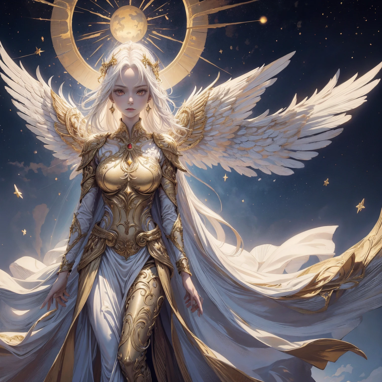 Art of Woman Wearing Sun Crown, Wearing a gorgeous golden metal bra and breastplate that reveals a little skin above the chest, Wearing a gorgeous golden dress with cosmic stars inside, A pair of giant angel wings taller than the body spread out behind the woman., ancient goddess art, Sacredness. Very detailed, Mysterious inspiration, Inspiration from the Sun God, Religious inspiration, A divine background, Cold and snobbish face, Dangerous expressions, White hair, Standing pose floating in the air, One hand reaches out to the sky while the other hand holds a brilliant orb as bright as the sun., Full body portrait, Gothic art style, Weird art style, Occult art, Halo of angels, contempt eyes, Divine light, Wide-angle lens, Upward Shot