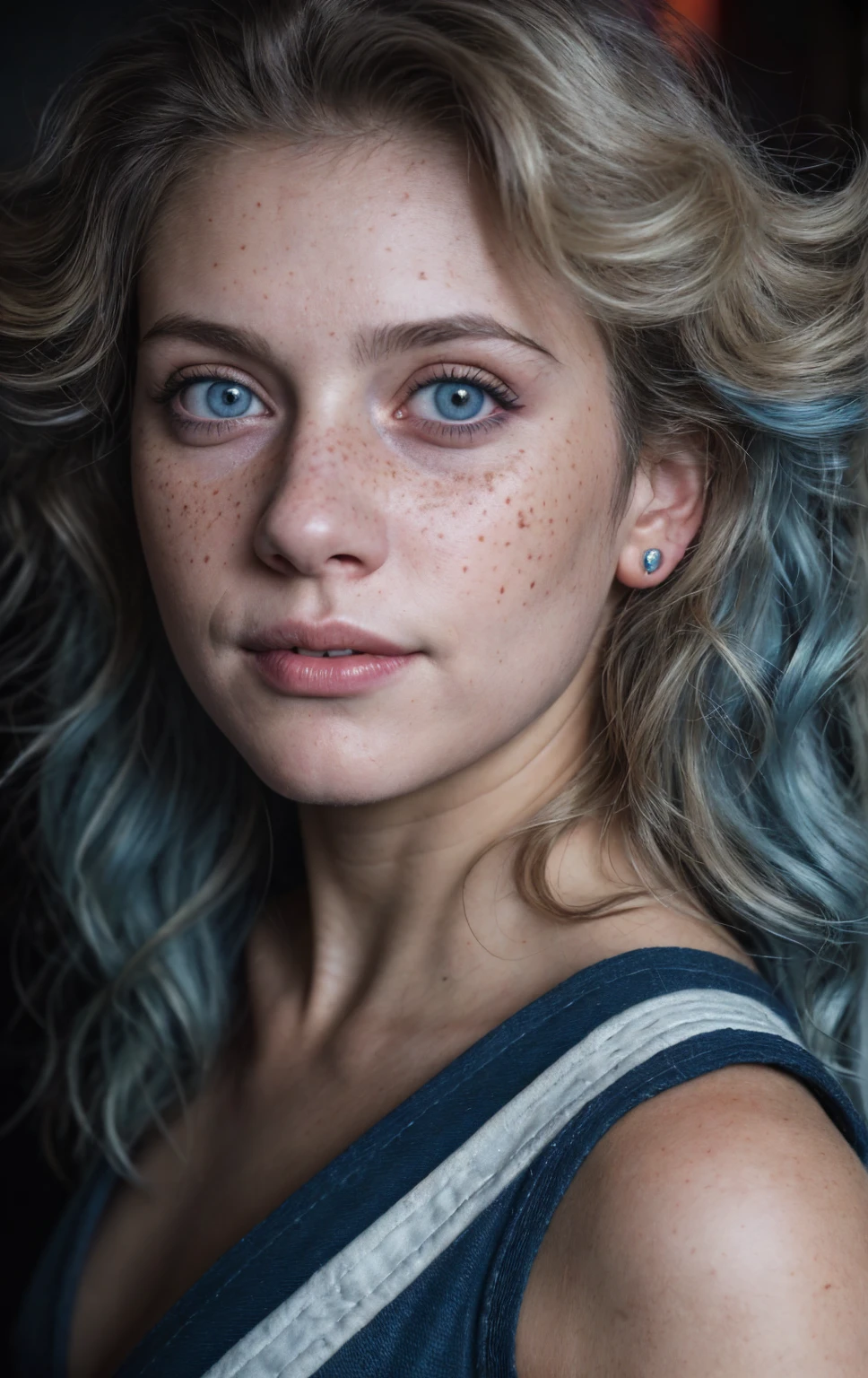 (Close-up, editorial photograph of a 21 year old woman), (highly detailed face:1.4) (smile:0.7) (background inside dark, moody, private study:1.3) POV, by lee jeffries, nikon d850, film stock photograph ,4 kodak portra 400 ,camera f1.6 lens ,rich colors, hyper realistic ,lifelike texture, dramatic lighting , cinestill 800, wavy hair, messy hair, curls, 80s hairstyle, Mischievous smirk, Blue hair, Blue Eyes, freckles, White Skin, Sci Fi, Spaceship, Cyberpunk, Futurism, Military Uniform, Technocratic Union, Astral Plane, European expressions, European woman, European skin