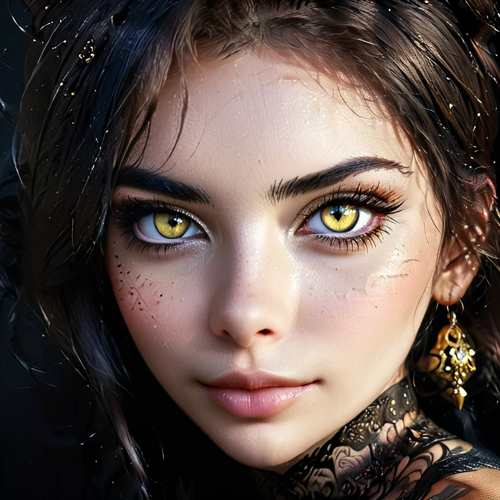 masterpiece, wallpaper, detailed image of yellow feline eyes, feline woman, beautiful face, cat, woman, smile, stare, big eyes, dark background, black background, in the shadows, face. tattooed face ornaments, detailed face, real face.