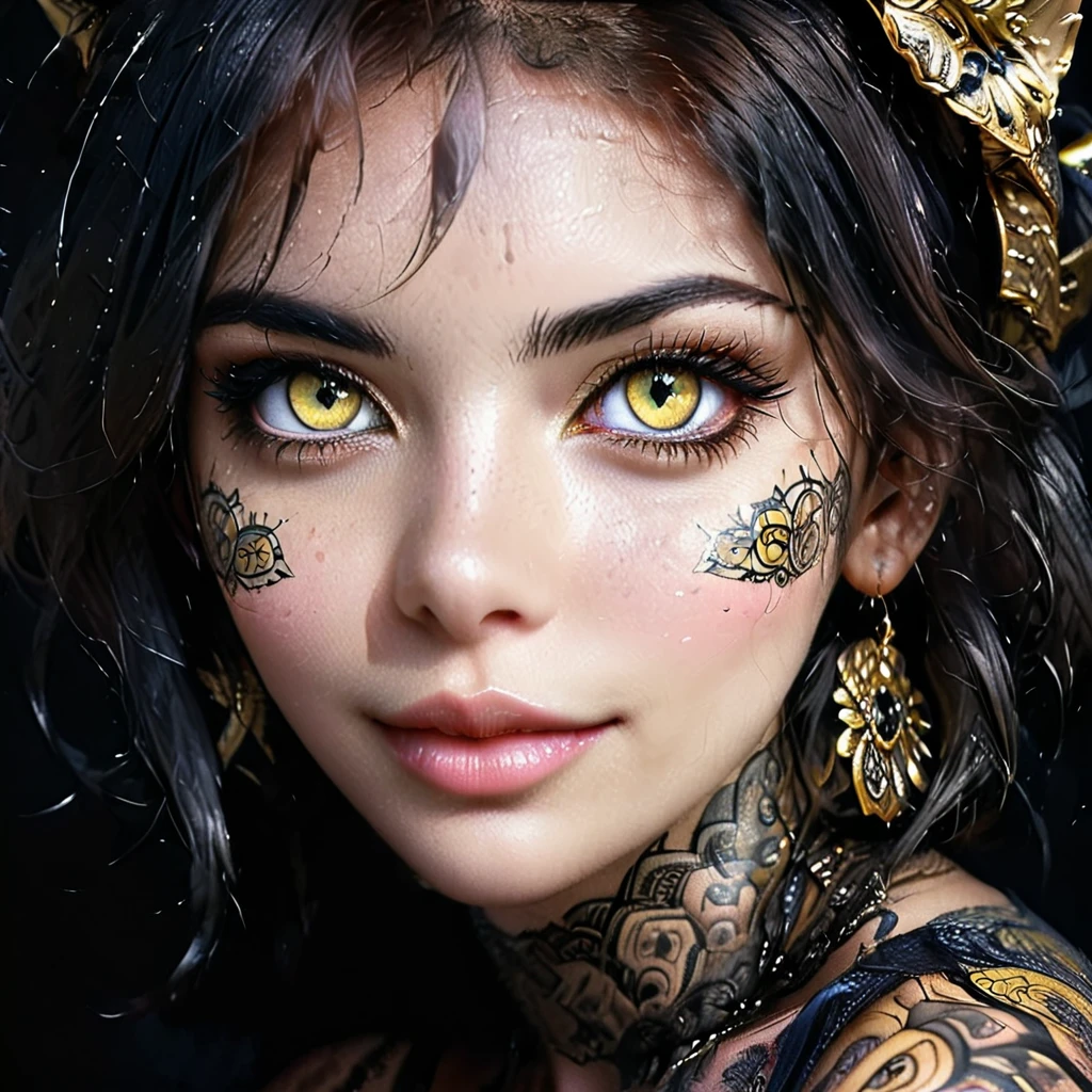 masterpiece, wallpaper, detailed image of yellow feline eyes, feline woman, beautiful face, cat, woman, smile, stare, big eyes, dark background, black background, in the shadows, face. tattooed face ornaments, detailed face, real face.