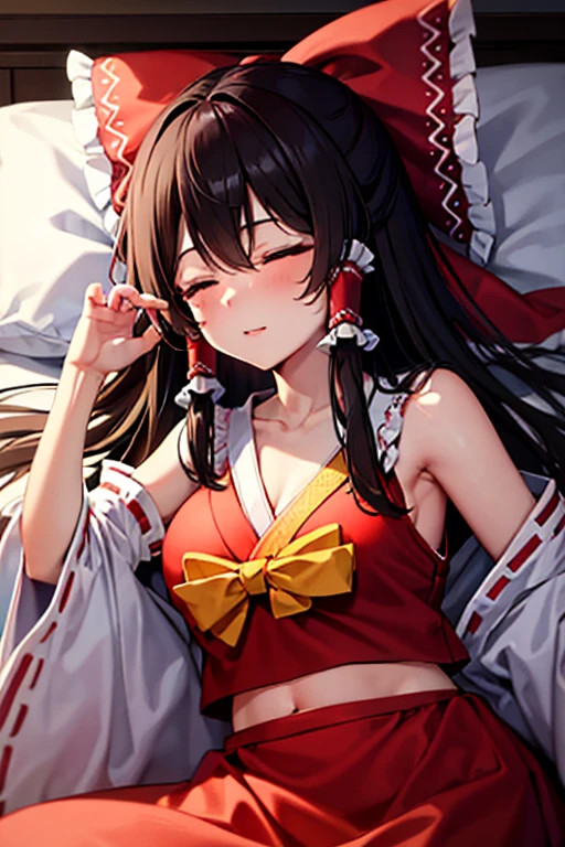 Reimu is sleeping happily in bed at night, lying on her back in a glamorous kimono.