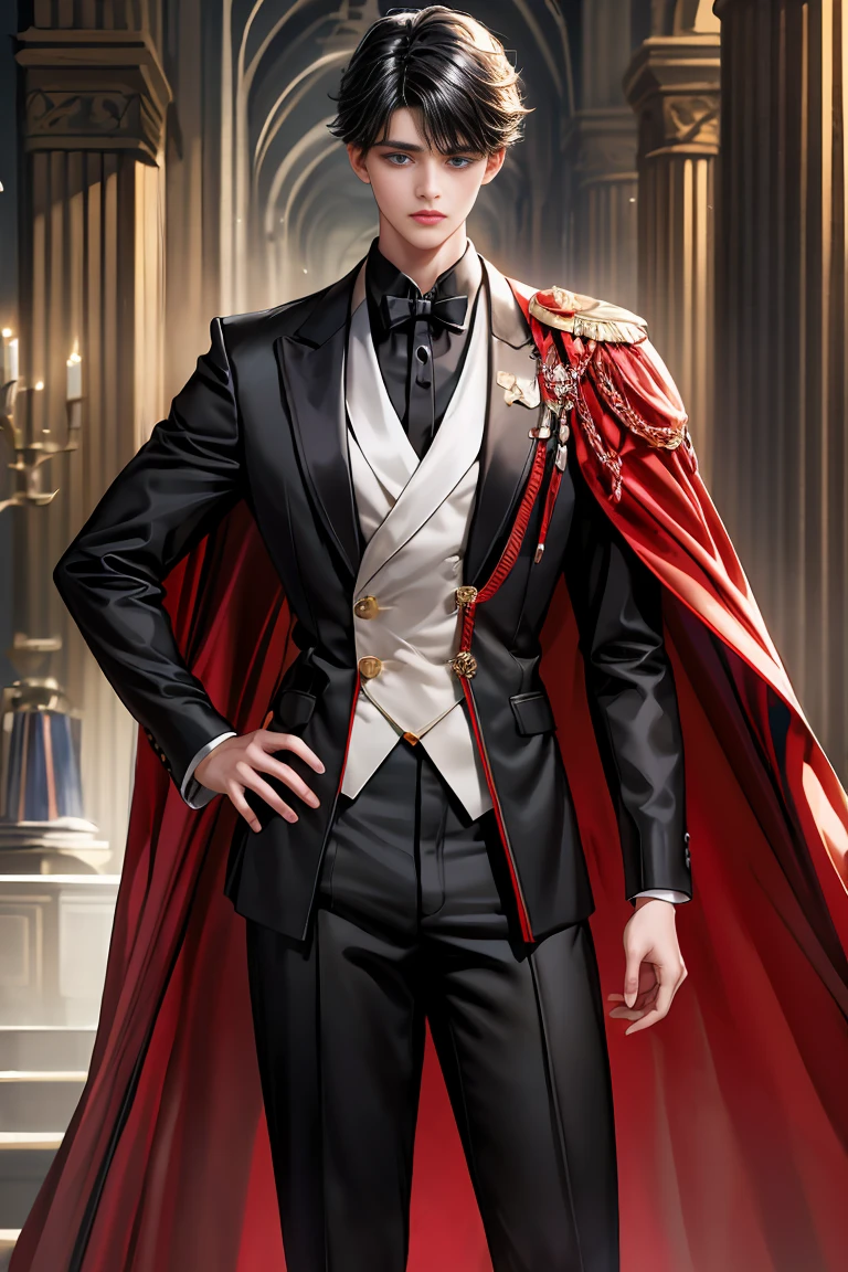 
masterpiece, 最high quality, high quality, 1 boy, alone, Male focus, Watching the audience,  Messy black hair, Adorable big blue eyes, White, Noble, Noble,A black and red cape that is bursting with sexy volume、Tuxedo、A very voluminous, large, very large, very large, long, long red and black cape with a high stand-up collar, made of a lot of fabric that reaches down to the floor., ,Cute beautiful boys,Cute, cute, kind, handsome guy