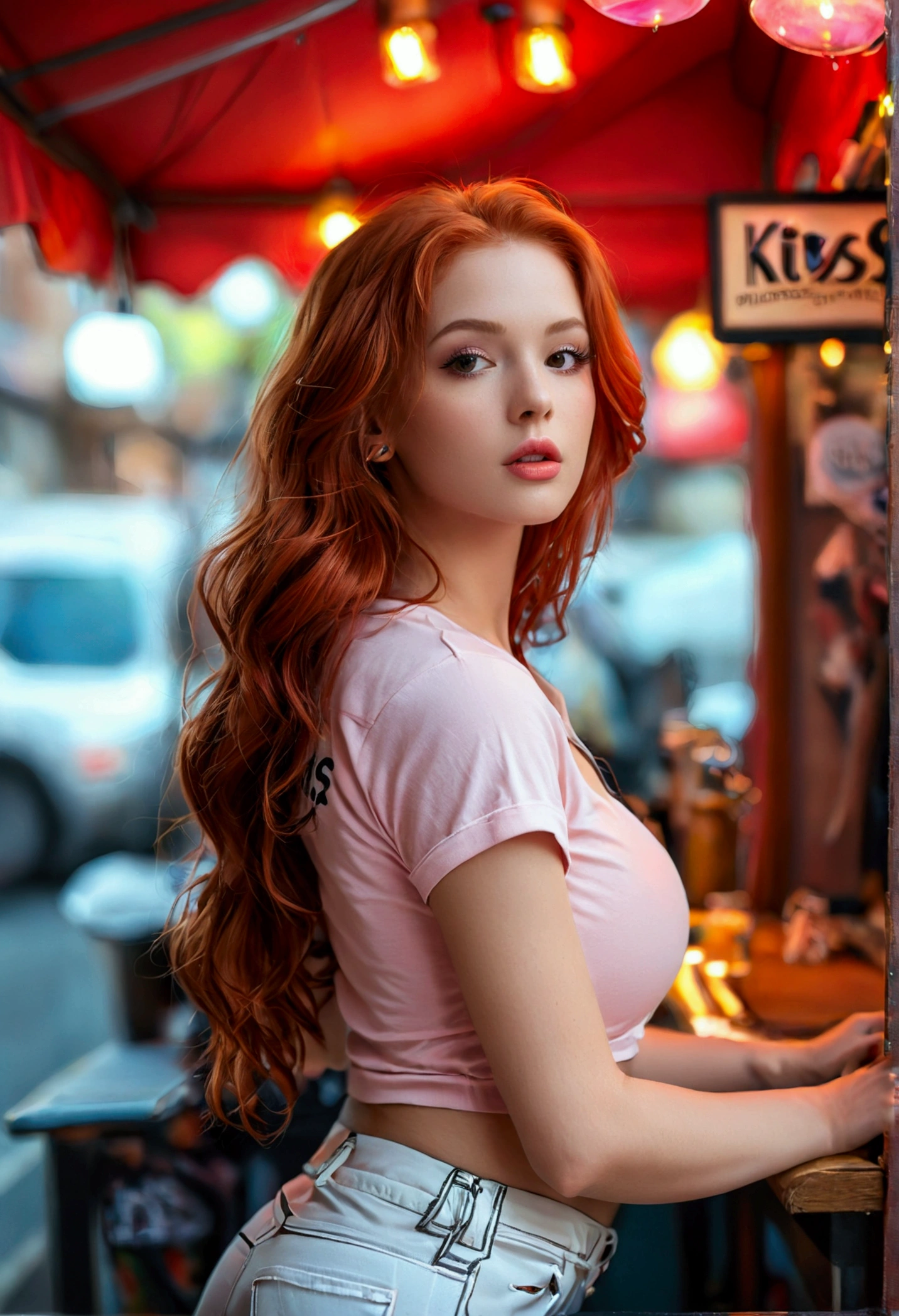 ultra realistic, photography, long red hair, girl, 24 years old, hourglass figure, perfect body, small breasts, Flirty look, extremely detailed artgerm, in the style artgerm, facing the camera, lens 35 mm, blur background, standing on the street, behind a small booth. booth sign say "Kiss 1$", she is wearing a light pink lowcut tshirt and very tight black yogapants. She is leaning on the counter of the booth