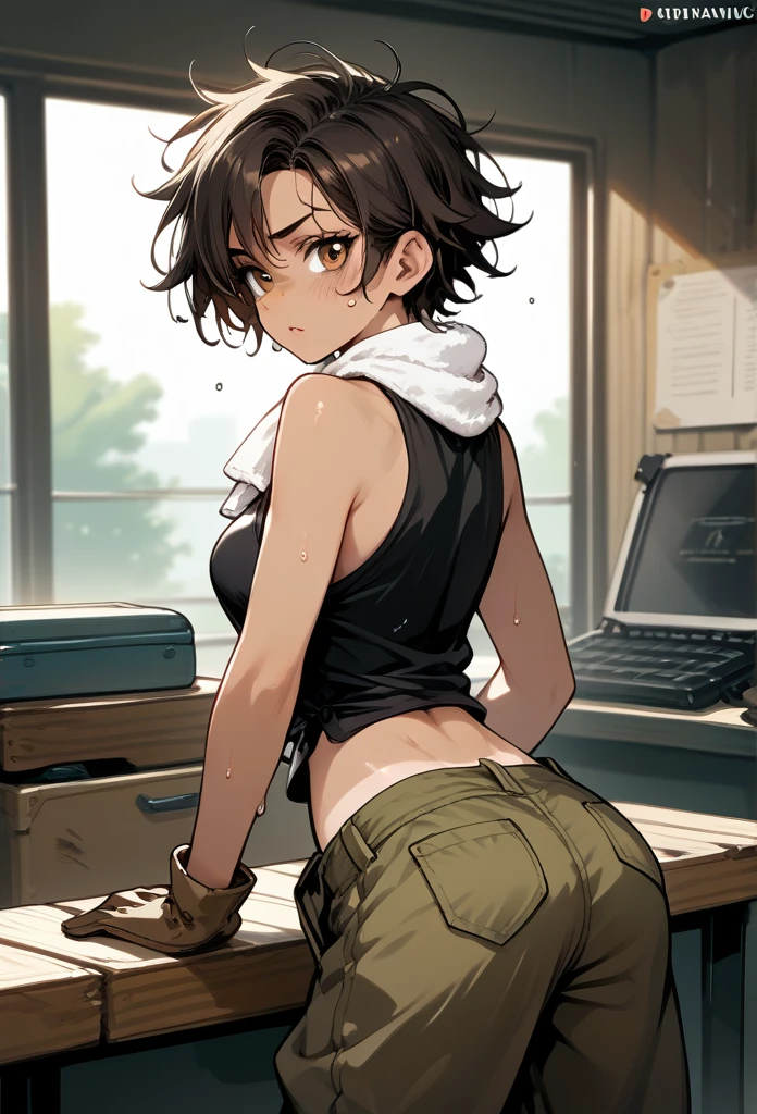 masterpiece, best quality, mature woman, messy hair, black hair, brunette gradient hair color, hot face, (tomboy face), tan skin, mature body, fit body, medium breasts, mechanic gloves, (dirty tank top), stained tank top, midriff, white bandana, loose pants, workshop, (sweaty), bending over, towel around neck, back view (please show bottom crack) 