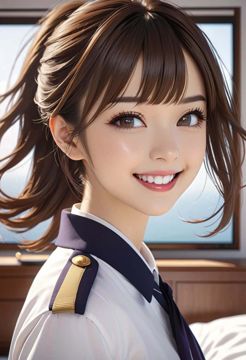 Black Eyes, 1 woman, (female)), solo, real, top quality, photorealistic, masterpiece, 8K, HDTV, solo, hdtv face, soft lighting, bedroom, ((daytime)), sky, (looking at camera), (portrait: 0.6), full-body, (medium hair), ponytail, brown hair, floating hair, lips, lipstick, seductive smile, Floating hair, smile, open mouth, teeth, eyelashes, Nogizaka 46, Moeka Tada, Akari Suda, idol, beautiful girl, ((uniform)), (((standing))