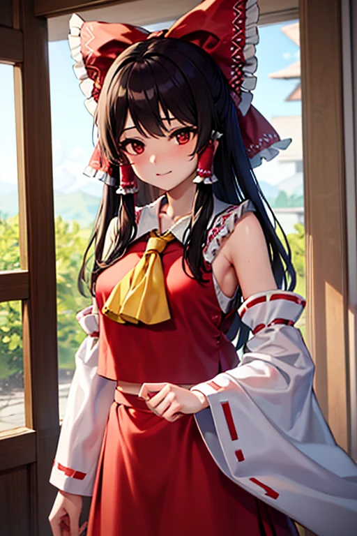 Reimu happily stands in the wooden corridor