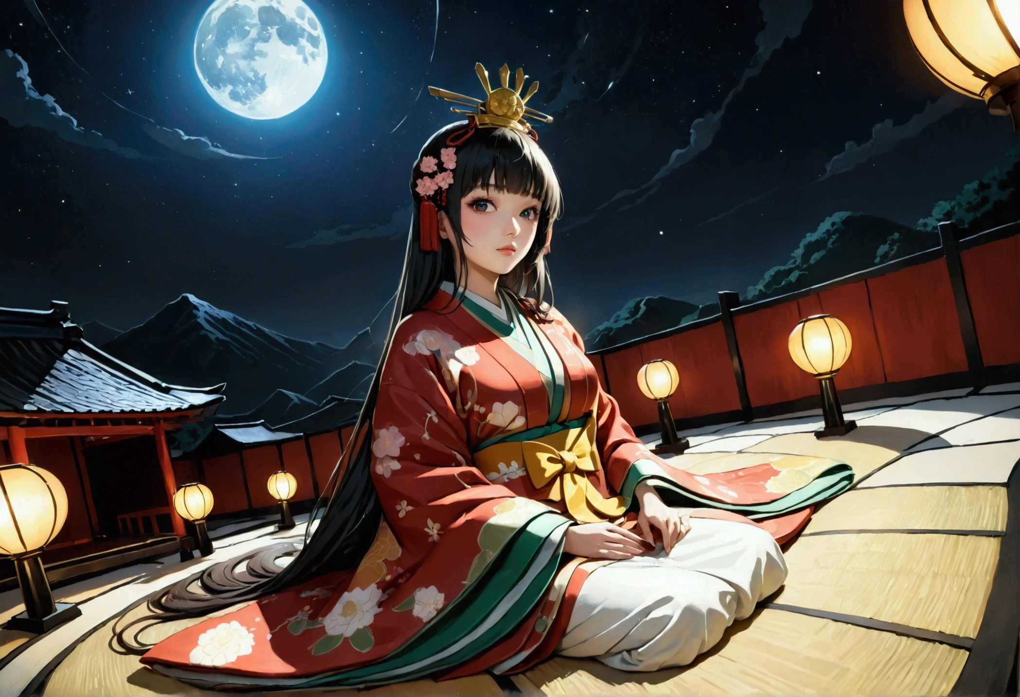 Fashion Model, walk the runway, hinamatsuri ohinasama, (heian red:1.1) japanese clothes, wide sleeves, red (karaginumo:1.1), layered kimono, 1girl, solo, black hair (hime cut:1.2) very long hair spread out, wide shot, cinematic lighting, photorealistic, best quality, high quality, ultra high res, hyper detailed, absurdres, absolutely resolution, detailed details, cinematic landscape, cinematic lighting, (ultra wide angle:1.3), moonlight, starry sky, (walking), beautifully, aesthetic, Walking toward us,