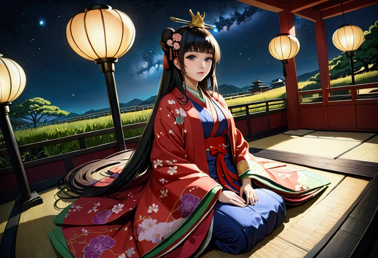 Fashion Model, walk the runway, hinamatsuri ohinasama, (heian red:1.1) japanese clothes, wide sleeves, red (karaginumo:1.1), layered kimono, 1girl, solo, black hair (hime cut:1.2) very long hair spread out, wide shot, cinematic lighting, photorealistic, best quality, high quality, ultra high res, hyper detailed, absurdres, absolutely resolution, detailed details, cinematic landscape, cinematic lighting, (ultra wide angle:1.3), moonlight, starry sky, (walking), beautifully, aesthetic, Walking toward us,