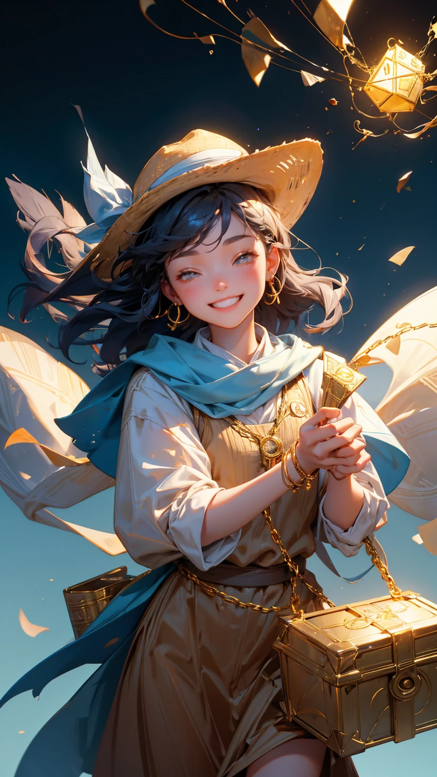 A cute girl with happy enjoy face emotion, holding up a net to catch gold coins in the air with his hand, there is also a treasure box, on it that says "KYC" and other golden ingots floating around him. The background has a gray gradient with light blue and white lighting.