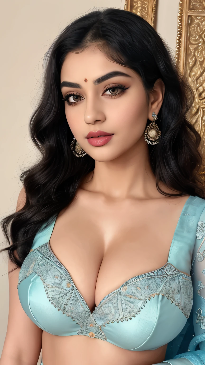 Create an 8k, best quality, Ultra, high regulation image with a zoom on camera, capturing a beautiful woman. The image should be in UHD resolution with sharp focus, and be a masterpiece with a cinematic photoshoot feel. The subject should be a professional, realistic woman with a big, heavy, round, big breasts, bulging chest, showcasing deep cleavage. The chest should be prominently featured, glowing, and part of a big, plus-size, curvy body with a plump face and beautiful lips adorned with color. She should have attractive makeup with deep eyeliner, highlighted eyeliner, light eyeshadow, long mascara, and thick lashes. The woman should be gorgeous, with a full-length frame, slim belly, slim stomach, visible navel, thick thighs, high waist, and overall a high figure. She should have smooth, white, spotless skin, black wavy hair styled with intricate design and bright highlights. The photo should be extremely detailed, focusing on her beautiful eyes with clear iris patterns, rings, and spokes, bright sclera, lively eyes, long thick eyelashes, delicate framed eyes, and well-shaped thick eyebrows. Every aspect of her, from her hair to her chest, to her blue blouse and saree, should be extremely detailed. The saree should have a light shimmer, intricate texture, and a 3D design with a miraculous pattern, making it a modern craft piece. The woman should be standing in a pose, looking at the camera, with extremely detailed eyes, ears, nose, mouth, lips, teeth, neck, shoulder, chest, and saree outfit.