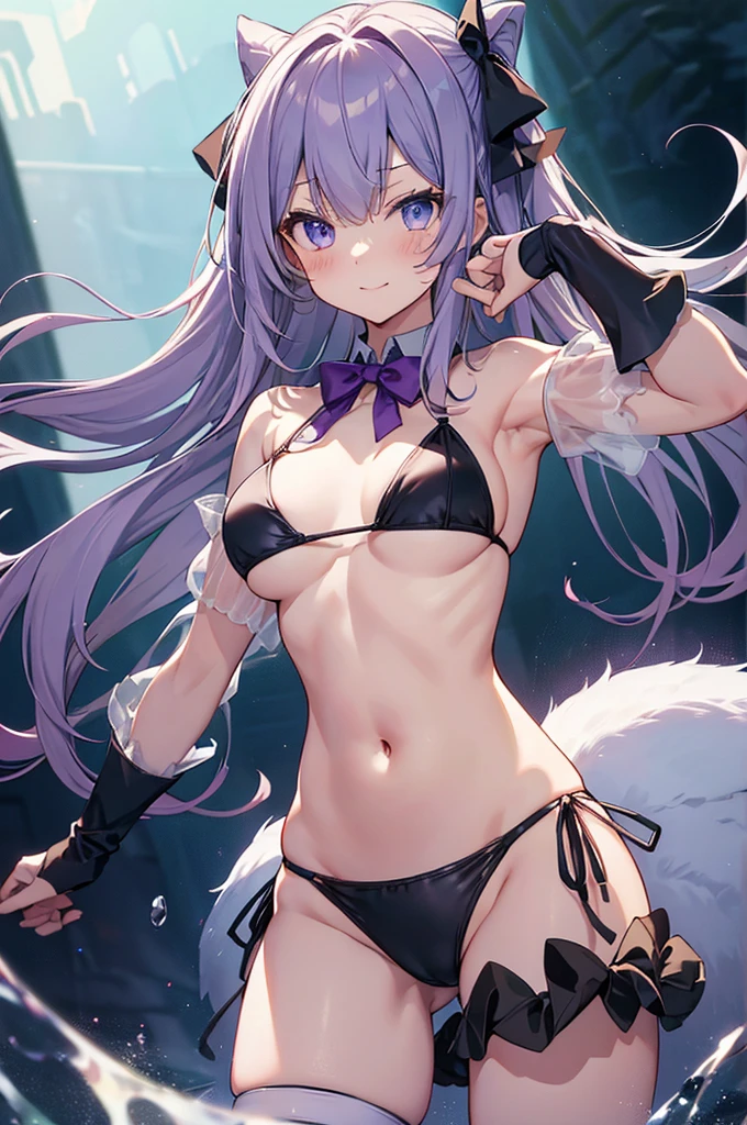 Long Hair, chest, View your viewers, blush, smile, Open your mouth, bangs, blue eyes, (Multiple Girls), 大きなchest, Knee socks, gloves, ribbon, belly button, chestの谷間, Green Eyes, Purple eyes, Transparent swimsuit, whole body, , Purple Hair, Gray Hair, Transparent Bikini, 巨大なchest (巨大なchest: 1.8), Green Hair, horn, Pointed Ears, Black gloves, Elbow gloves, Blunt bangs, bow tie, Raise your arms, (Four Girls), - Detachable collar, (Side tie bikini bottom), (See-through bikini), (White tiny micro bikini), Green ribbon, wave hands