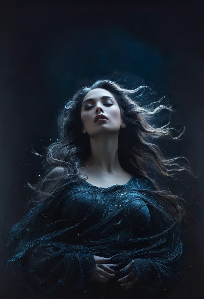 painting of a dark gloomy world. viewpoint from the universe,in the sky there is a large image of a beautiful woman with flowing hair, looking down at the world, Inspiration, cinematic scene, volumetric lights, ultra realistic, in the style of nicola samori