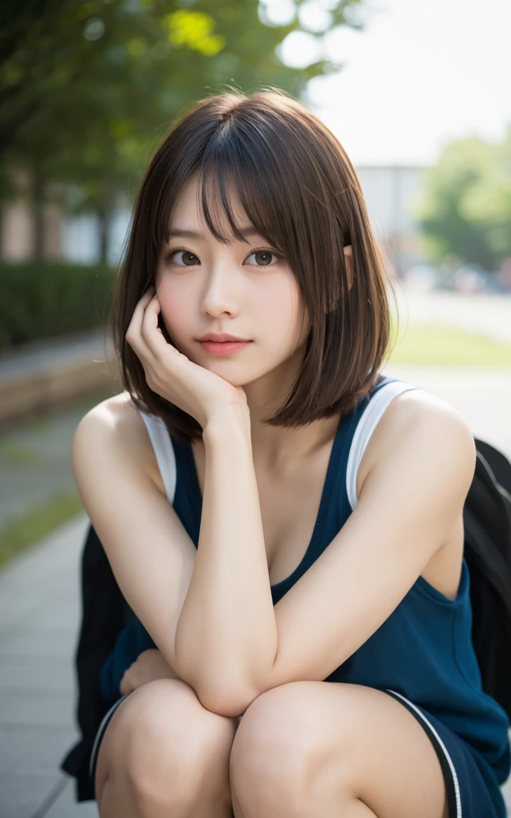 (8k、Live Action、RAW Photos、Highest quality、masterpiece:1.2),(Outdoor,Front lighting:1.2),((Perfect lighting)),(Long Bob Cut),Observe the audience,look up,Hug Pose, strong,erotic,18-year-old,student,White skin,knees,Absurd,Small face,前hairを真ん中から分けます、The forehead is visible,(Embarrassing,Squint your eyes,Glare,strong,skinny,skinny,Irritated)、masterpiece,Highest quality、Ultra-high resolution,One person, One personで,Close-up shot、cute、studentに戻る,(Sporty clothes:1.3,Team Color),high school girl,Japanese women,Are standing,(フォトGenuine:1.37)、Photon Mapping,Genuineistic、cuteSmall face,Brown eyes、prospect、Written boundary depth、Blurred Background、Genuine,(前hairが見える), hair, kneesが見える, thigh,(Nogizaka Idol), actress、Big and ample breasts、Cleavage、Super Fine、Low people々、(Skin with visible pores:1.2)、(Focus on the face)、8 heads、Natural Neck、Check and fix the skeleton