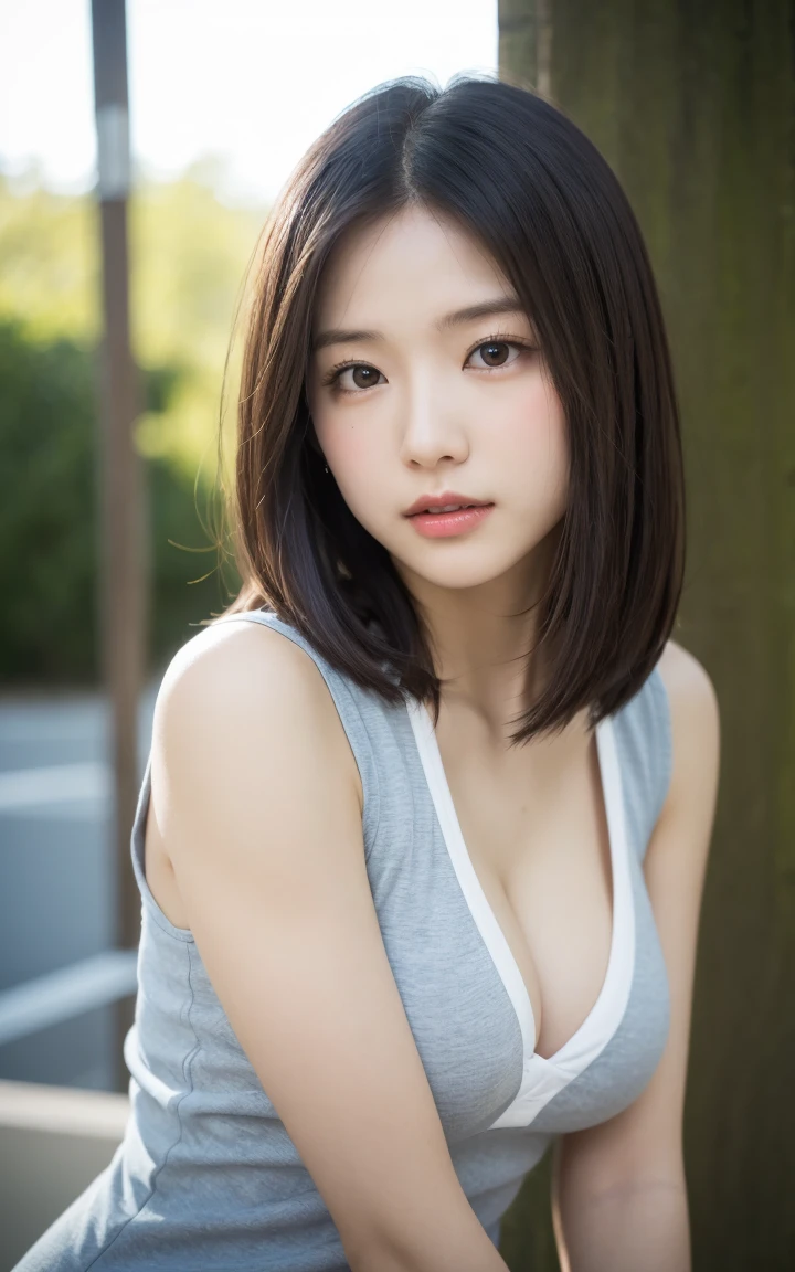 (8k、Live Action、RAW Photos、Highest quality、masterpiece:1.2),(Outdoor,Front lighting:1.2),((Perfect lighting)),(Long Bob Cut),Observe the audience,look up,Hug Pose, strong,erotic,18-year-old,student,White skin,knees,Absurd,Small face,前hairを真ん中から分けます、The forehead is visible,(Embarrassing,Squint your eyes,Glare,strong,skinny,skinny,Irritated)、masterpiece,Highest quality、Ultra-high resolution,One person, One personで,Close-up shot、cute、studentに戻る,(Sporty clothes:1.3,Team Color),high school girl,Japanese women,Are standing,(フォトGenuine:1.37)、Photon Mapping,Genuineistic、cuteSmall face,Brown eyes、prospect、Written boundary depth、Blurred Background、Genuine,(前hairが見える), hair, kneesが見える, thigh,(Nogizaka Idol), actress、Big and ample breasts、Cleavage、Super Fine、Low people々、(Skin with visible pores:1.2)、(Focus on the face)、8 heads、Natural Neck、Check and fix the skeleton