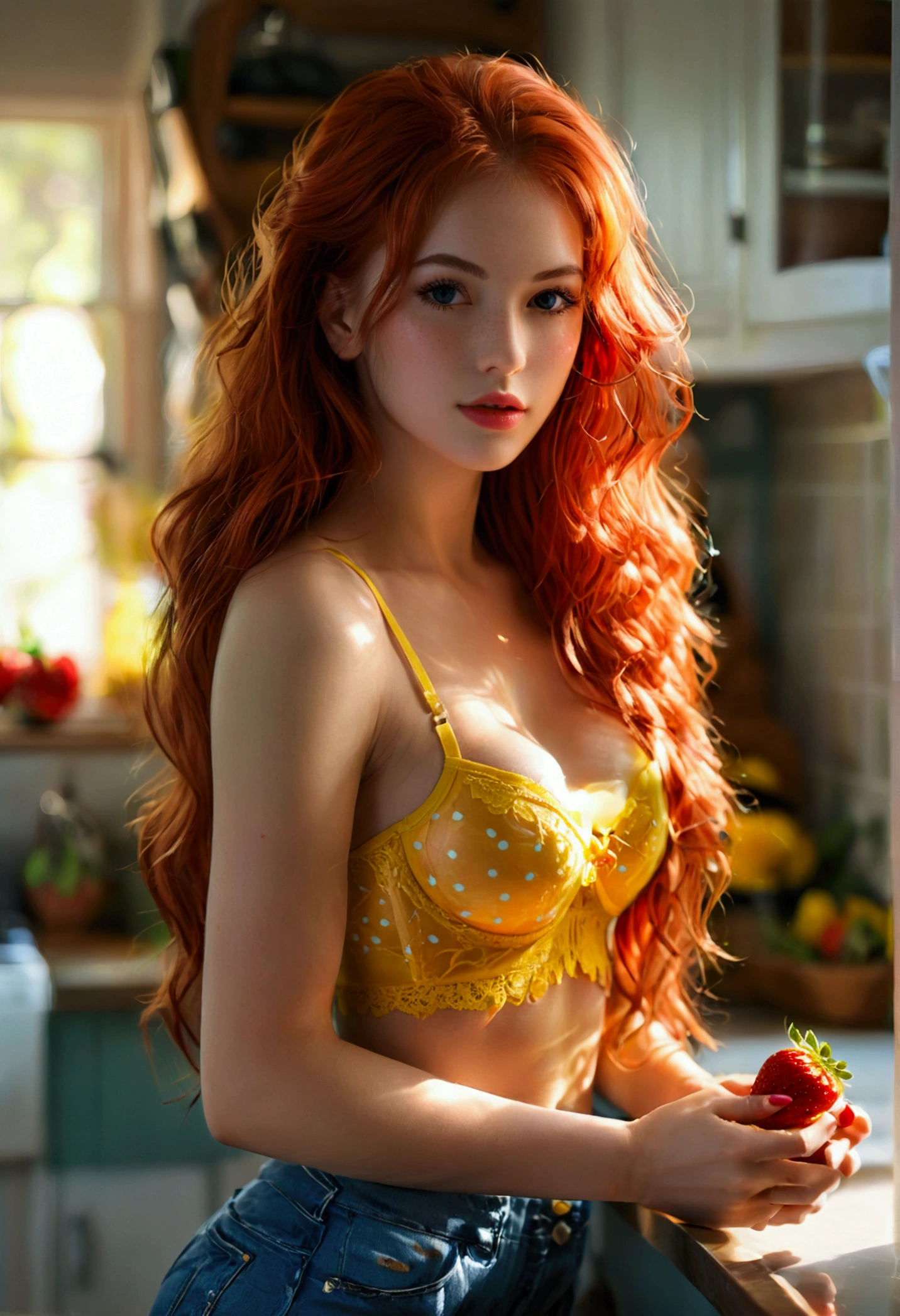 ultra realistic, photography, long red hair, girl, 24 years old, hourglass figure, perfect body, small breasts, Flirty look, extremely detailed artgerm, in the style artgerm, facing the camera, lens 35 mm, blur background, standing in the kitchen, leaning over the counter, resting on her arms, holding a single strawberry near her face, wearing a tight yellow crop top and hot pants, push-up bra