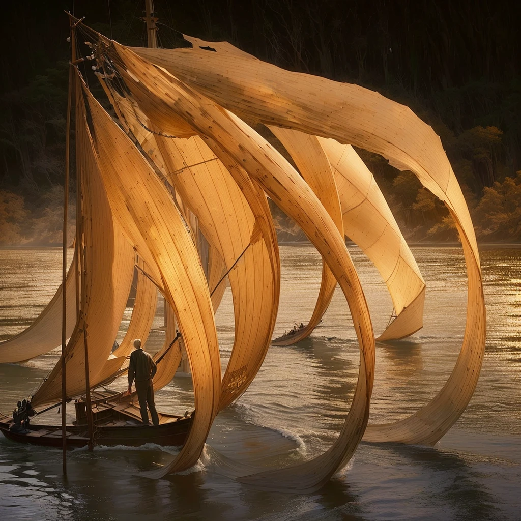 There was a man standing on a boat with a big sail, author：Peter Glick, Lipoti, inspired author：Peter Glick, frans lanting, Environmental Art, timberwork, Clothed in water and spine, by Zha Shibiao, Mark Adams, beautiful natural forms, National Geographic Photography Award, Yu Zhiding