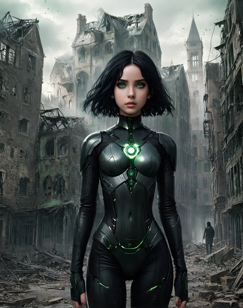 , daughter of severus snape, green eyes, black hair, cyborg girl, hell, destroyed buildings and a group of people in the background, a dark and mysterious world unfolds, enigmatic dreamscape surrealistic