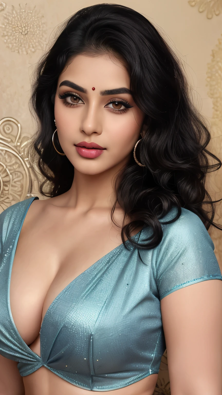 Create an 8k, best quality, Ultra, high regulation image with a zoom on camera, capturing a beautiful woman. The image should be in UHD resolution with sharp focus, and be a masterpiece with a cinematic photoshoot feel. The subject should be a professional, realistic woman with a big, heavy, round, big breasts, bulging chest, showcasing deep cleavage. The chest should be prominently featured, glowing, and part of a big, plus-size, curvy body with a plump face and beautiful lips adorned with color. She should have attractive makeup with deep eyeliner, highlighted eyeliner, light eyeshadow, long mascara, and thick lashes. The woman should be gorgeous, with a full-length frame, slim belly, slim stomach, visible navel, thick thighs, high waist, and overall a high figure. She should have smooth, white, spotless skin, black wavy hair styled with intricate design and bright highlights. The photo should be extremely detailed, focusing on her beautiful eyes with clear iris patterns, rings, and spokes, bright sclera, lively eyes, long thick eyelashes, delicate framed eyes, and well-shaped thick eyebrows. Every aspect of her, from her hair to her chest, to her blue blouse and saree, should be extremely detailed. The saree should have a light shimmer, intricate texture, and a 3D design with a miraculous pattern, making it a modern craft piece. The woman should be standing in a pose, looking at the camera, with extremely detailed eyes, ears, nose, mouth, lips, teeth, neck, shoulder, chest, and saree outfit.